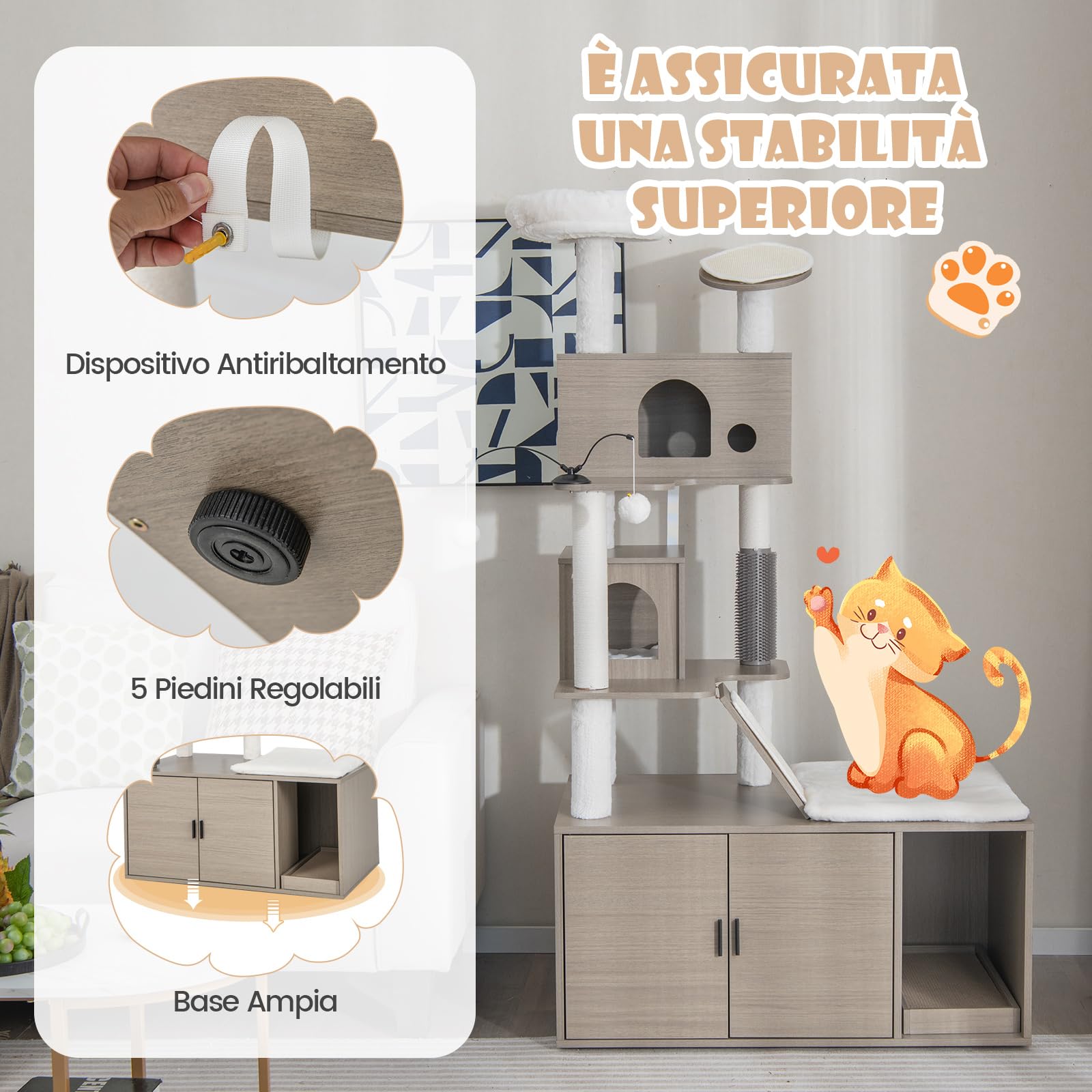 COSTWAY Albero per Gatti con Mobile per Lettiera, Torre per Gatti Moderna 2-in-1 con Doppie Cucce, Piattaforma Superiore, Pali in Sisal, Tiragraffi, Rampino, Piattaforma e Palline, Grigio