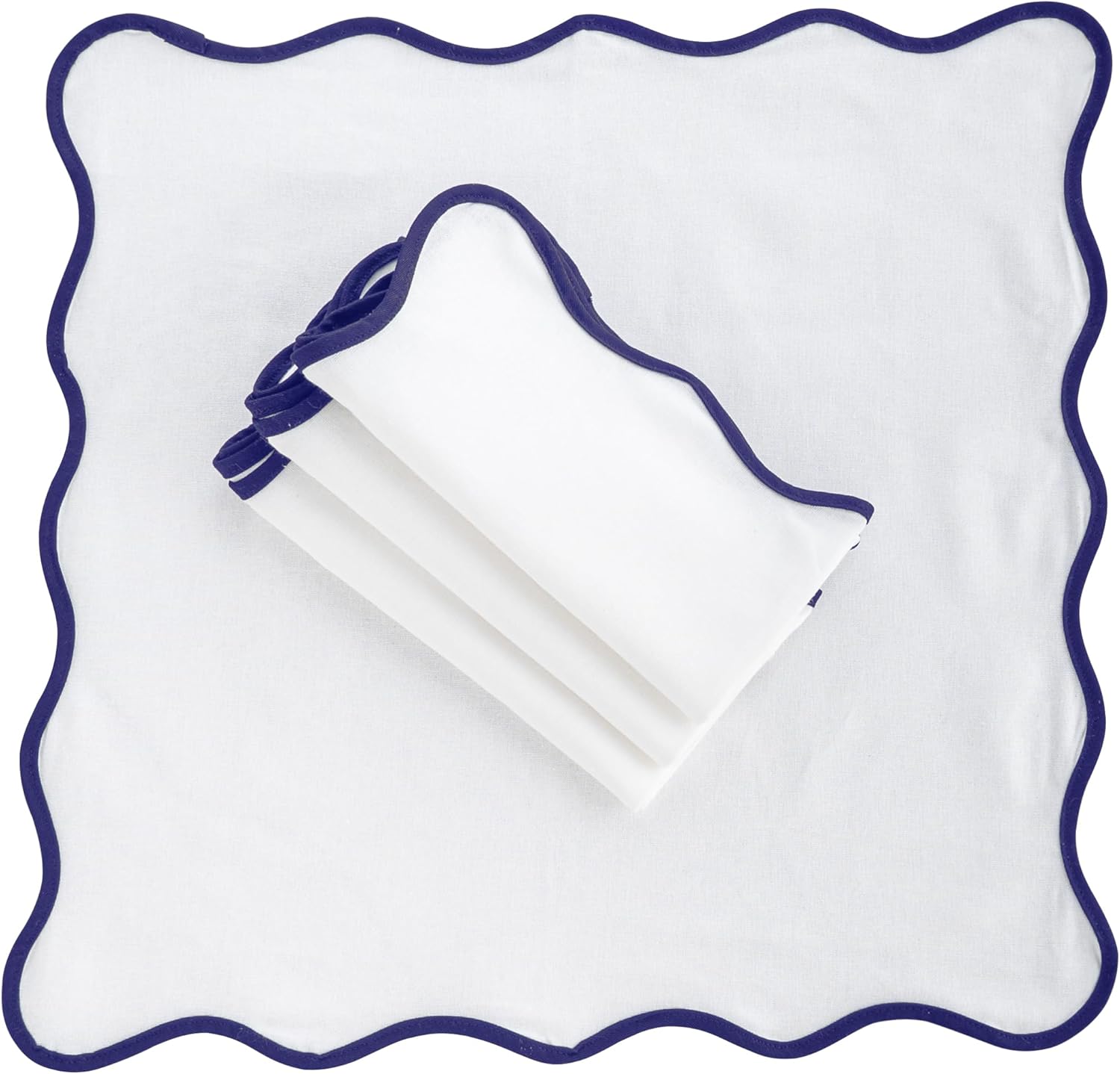 Navy Blue Scallop Cloth Napkins, 100% Cotton Wavy Edge Dinner Napkins Set of 4, Washable for Wedding, Party & Home Décor, Elegant Navy Dinner Napkin 18x18