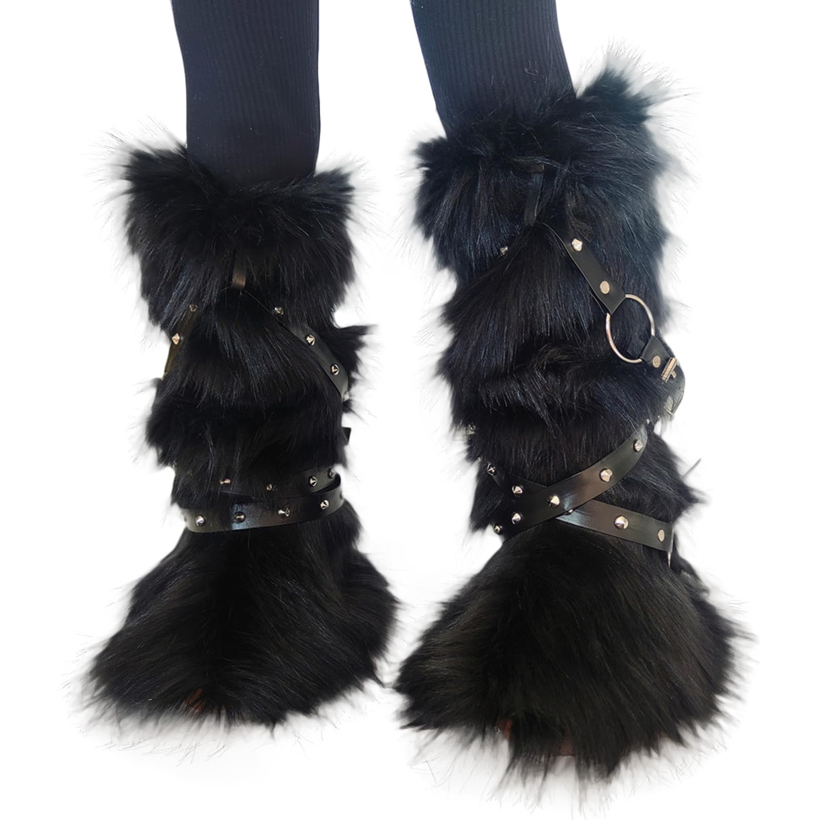 uikios Faux Furs Leg Warmers for Women Punk Rivets Leg Harness Fuzzy Plush Snow Boot Covers Socks for Parties and Casual