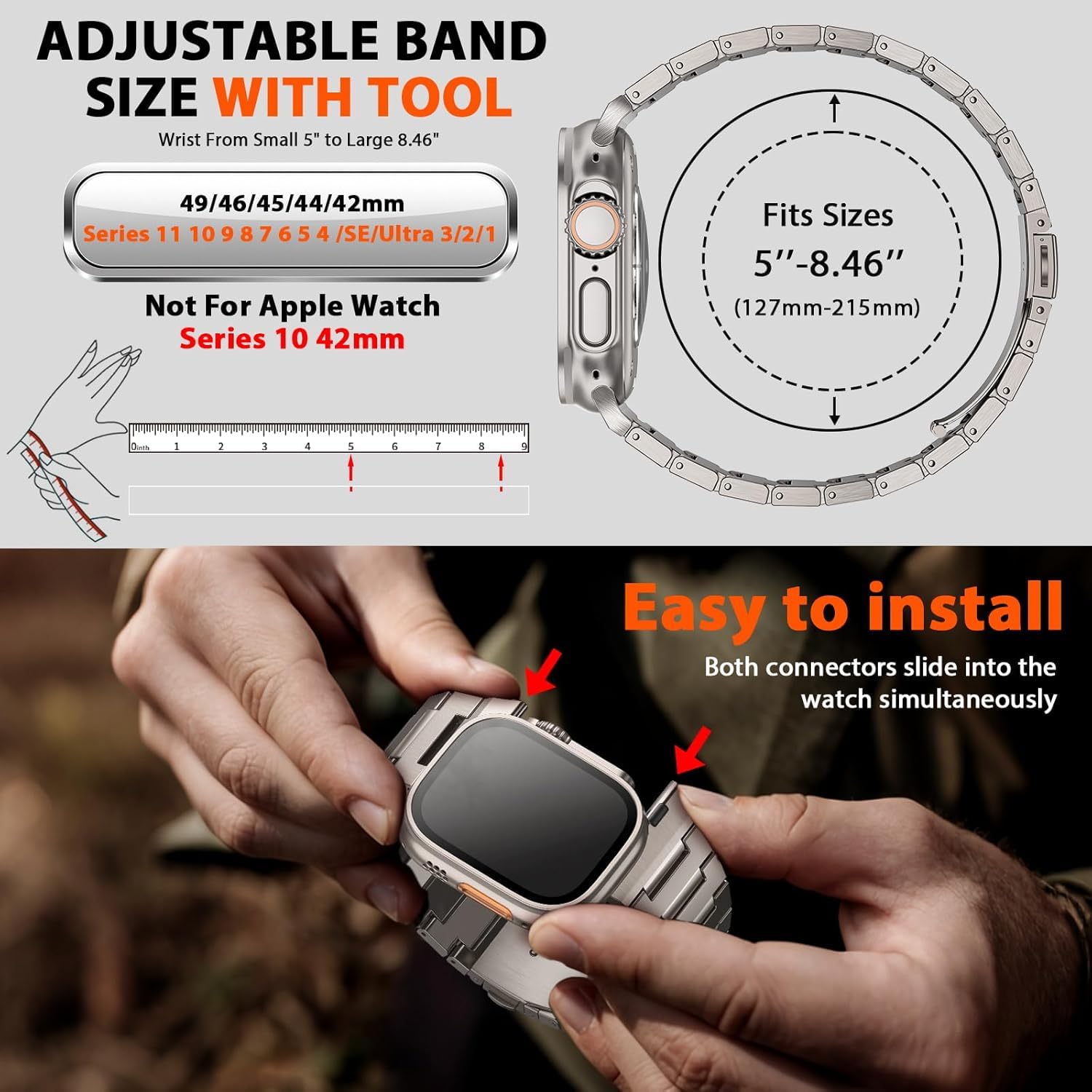i-Boruly Bracelet en titane pur pour Apple Watch Ultra 3/2/1 (49 mm), Series 11 10 9 8 7 6 5 4 SE (46/45/44 mm) – Bracelet en métal léger imperméable avec outil de réglage, design professionnel