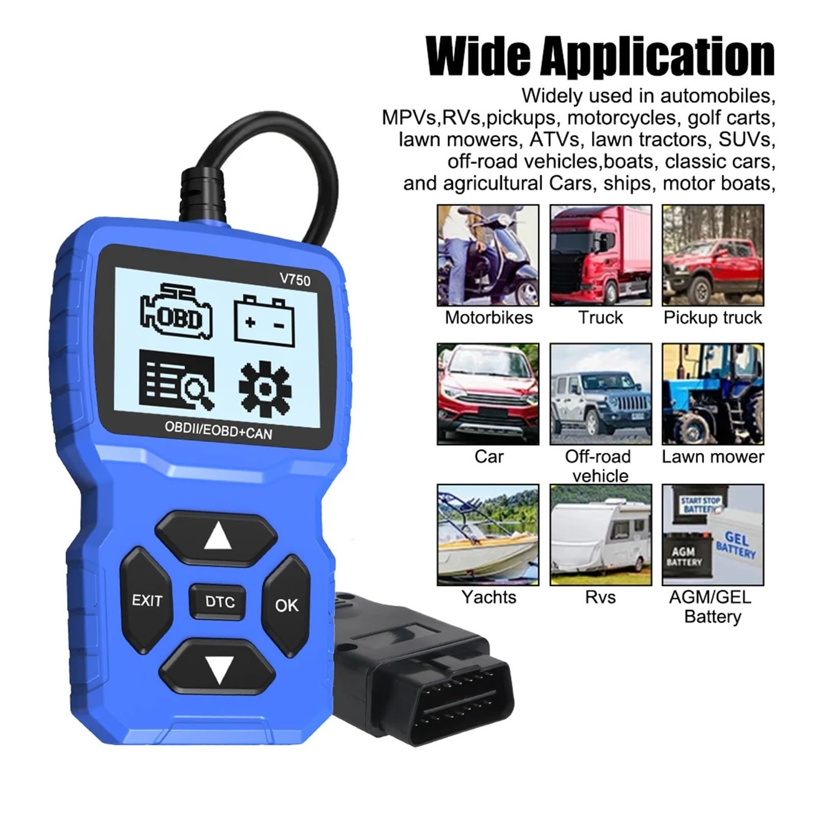 Tester batteria OBD2 Scanner Controllo motore Lettore codice V750 Strumento diagnostico auto multilingue Leggi informazioni veicolo
