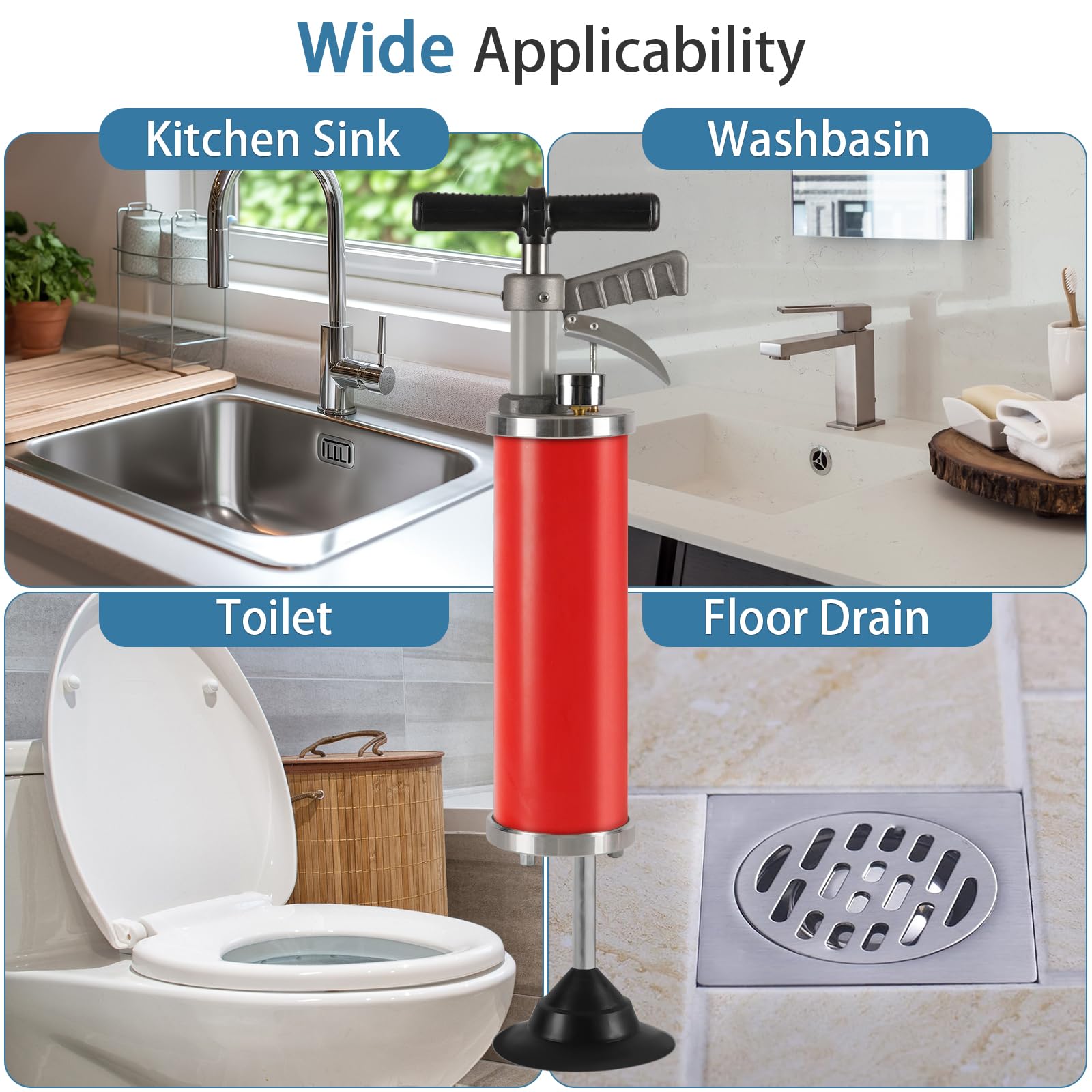 Bomba de drenaje de aire portátil cinético de alta presión para baño, ducha, cocina, tubo obstruido (rojo)