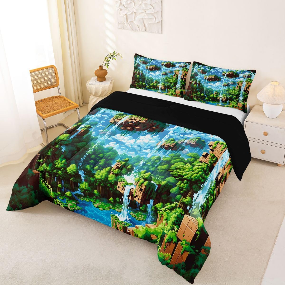 Castle Fairy Pixelated Art Toddler Size Comforter Set,Gaming Bedding Sets 2Pcs for Kids Girls Boys Room Decor,Sky Island Quilted Duvet Waterfall Cloud Down Comforter,1 Pillowcase image 2