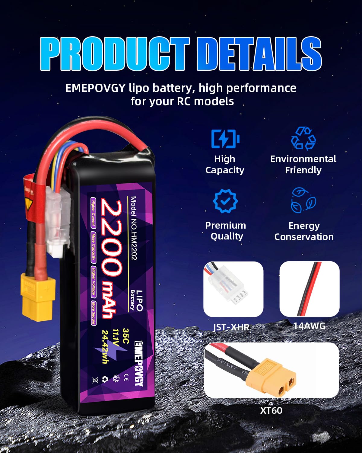 Batteria Lipo da 11,1 V 3S 2200 mAh 35C con spina XT60 per FPV Drone Quadcopter RC Airplane Aircraft (2 confezioni)