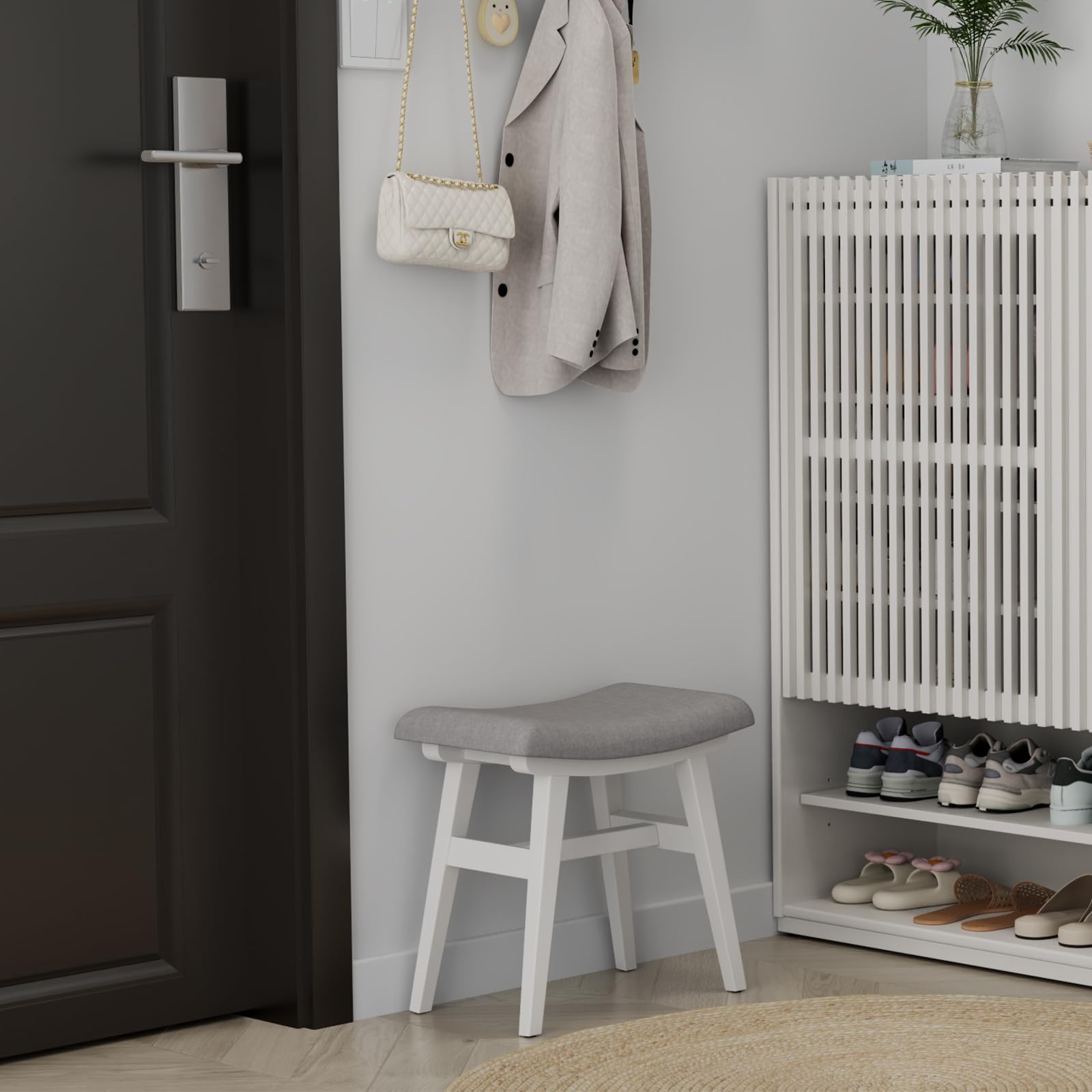 Taburete de tocador pequeño de madera maciza con cojín de sillín, asiento de esponja de alto rebote, silla de maquillaje de fácil montaje, reposapiés para dormitorio, entrada, blanco 9