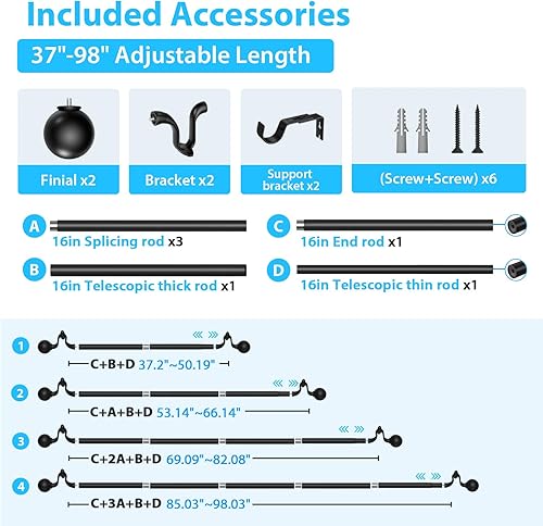 Miniatura 3 de Barras de cortina negras para ventanas de 37 a 98 pulgadas, barra de cortina opaca envolvente de 1 pulgada de diámetro de 48 a 84 pulgadas para
