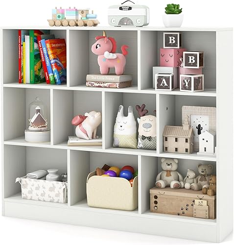 Miniatura 13 de HONEY JOY Organizador de almacenamiento de juguetes para niños, gabinete de almacenamiento de piso de madera de 10 secciones, baúl de juguetes de