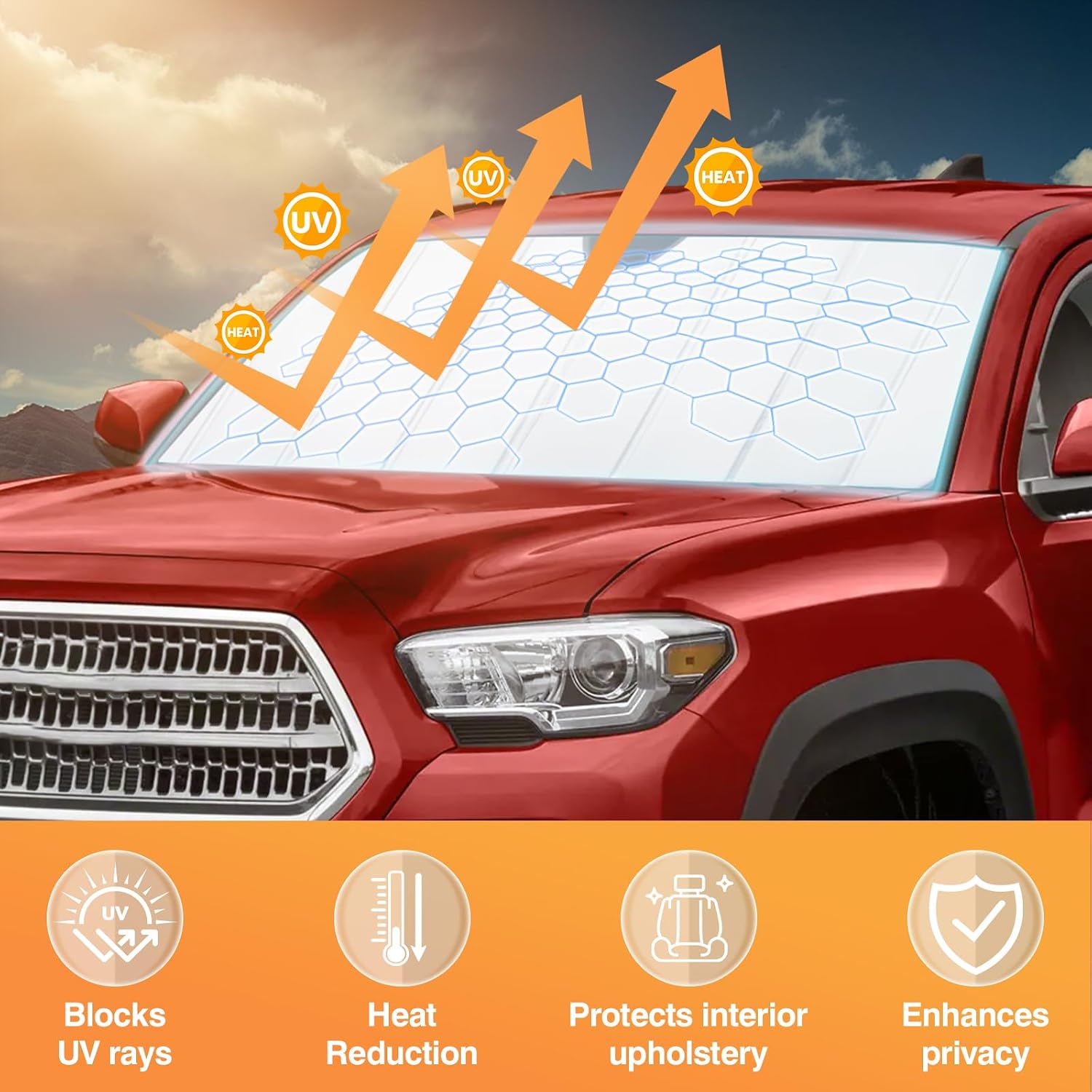 KUST Windshield Sun Shade Compatible for Toyota Tacoma 2016-2023 Accordion Thicken Window Sunshade UV Protection Keep Cool Sunshield Easy Install Sun Visor Accessories Aluminum Film