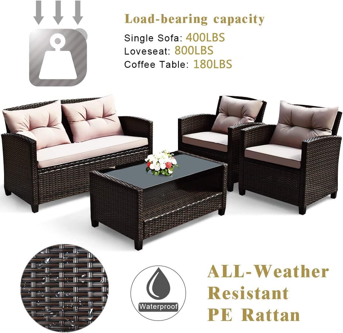 DORTALA 4 Piece Wicker Patio Furniture Set, PE Rattan Outdoor Conversation Sets with Loveseat, Chairs & Coffee Table for Backyard, Porch, Garden and Poolside, Brown