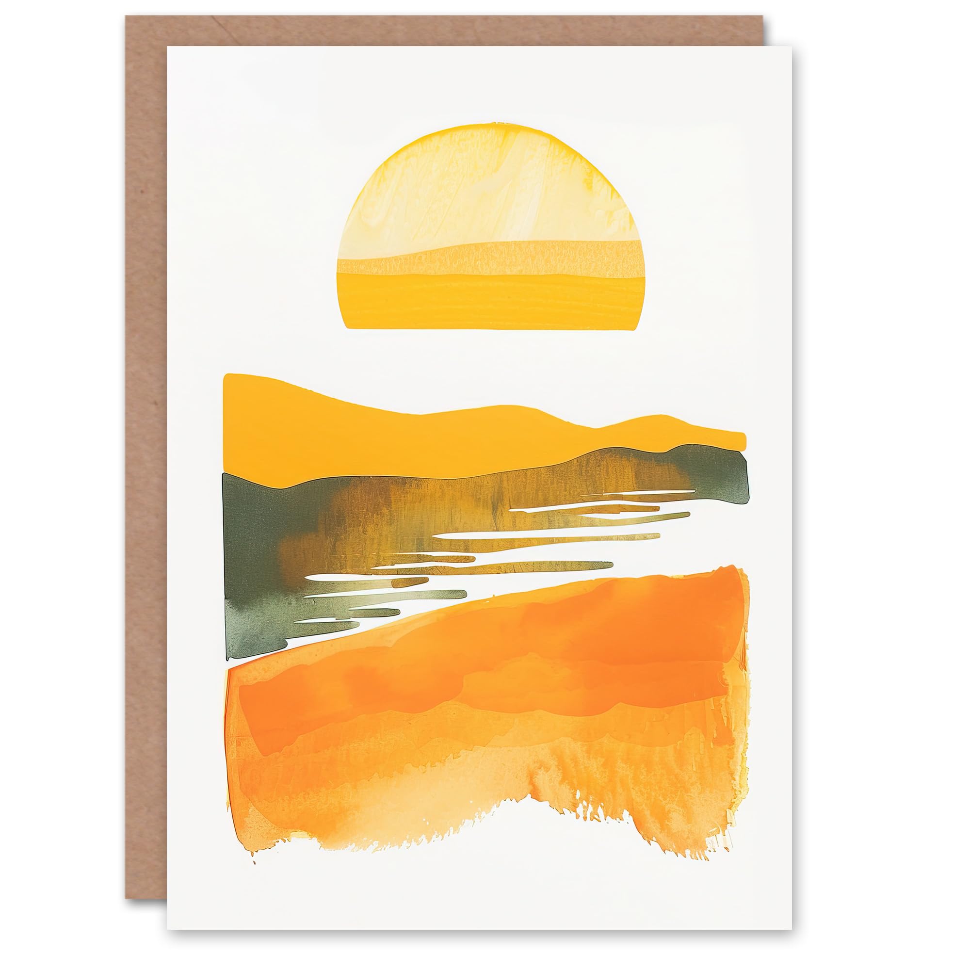 Artery8 Greeting Card Lake Sunset Orange Yellow Abstract Watercolour Blank For Him Or Her Art Birthday Card