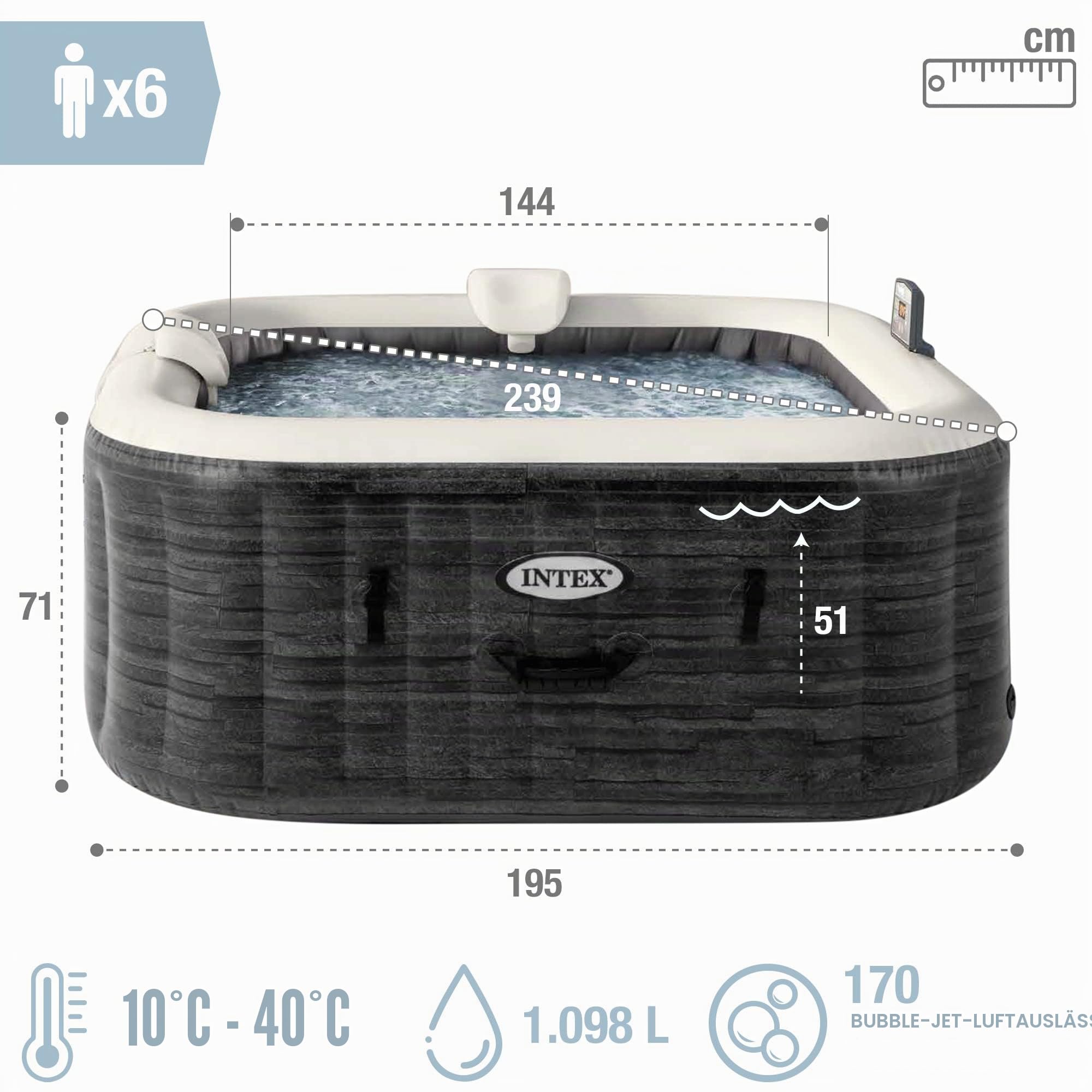 INTEX PureSpa Greywood Deluxe In- & Outdoor Whirlpool aufblasbar für 6 Personen 1098 L (196 x 71cm) Inkl. Wasserenthärtungs- & Salzwassersystem - 170 Massagedüsen - Heizung - APP Steuerung & LED