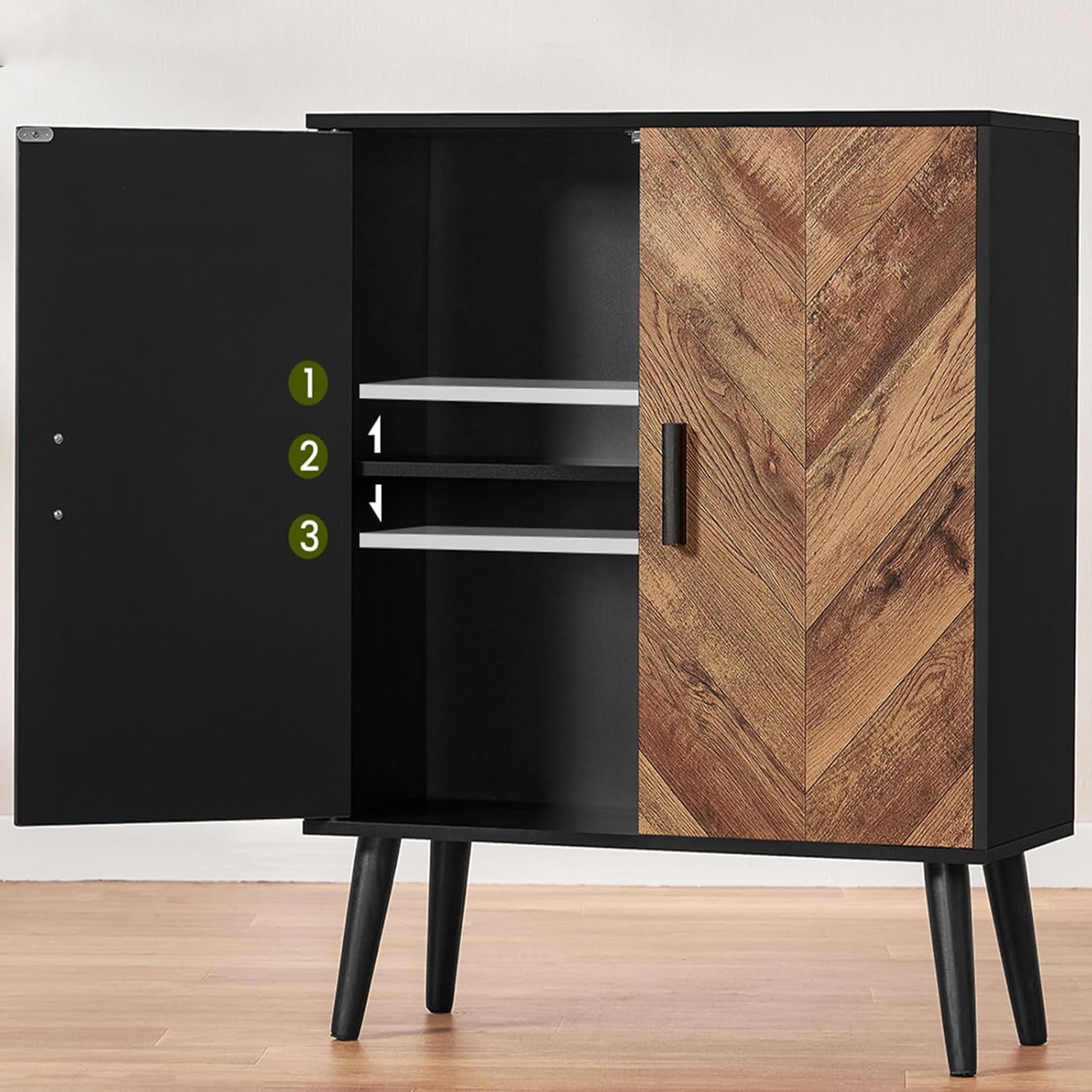 Interior of the TEENFON Storage Cabinet showing the adjustable shelf with numbered positions