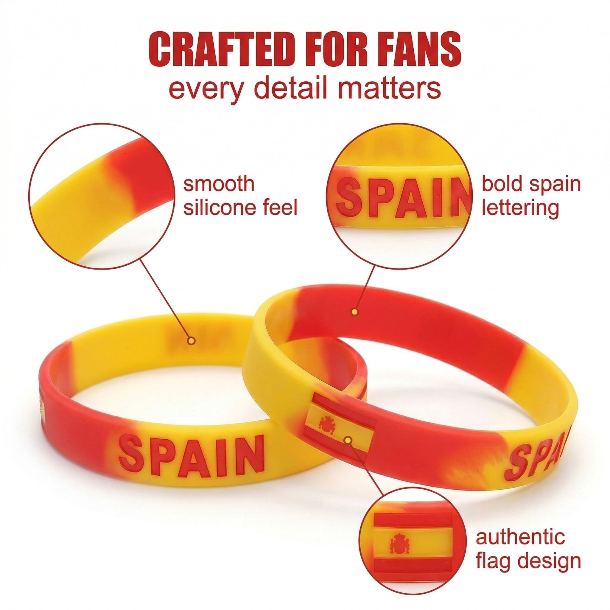 Lot de 3 Bracelets Espagne en Silicone pour Supporter, Bracelet de Sport Rouge aux Couleurs du Drapeau Espagnol, Accessoire Unisexe pour Football, Événements Sportifs et Fêtes, 20cm