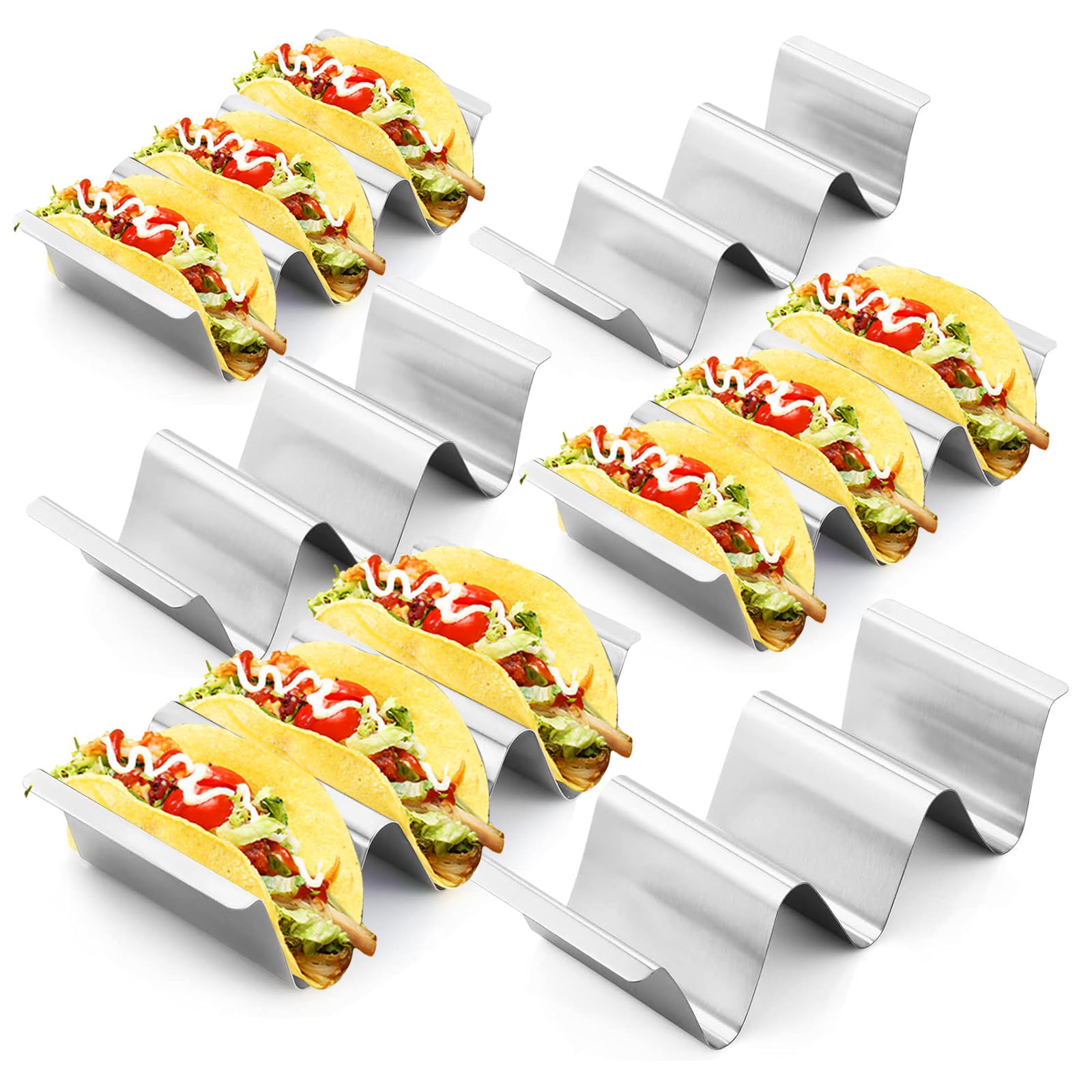 Taco Holder, 6 Pack 304 Stainless Steel Taco Stand Tray with Handles Holds Up to 3 or 2 Tacos Each for Hot Dogs, Sandwiches and Pancakes