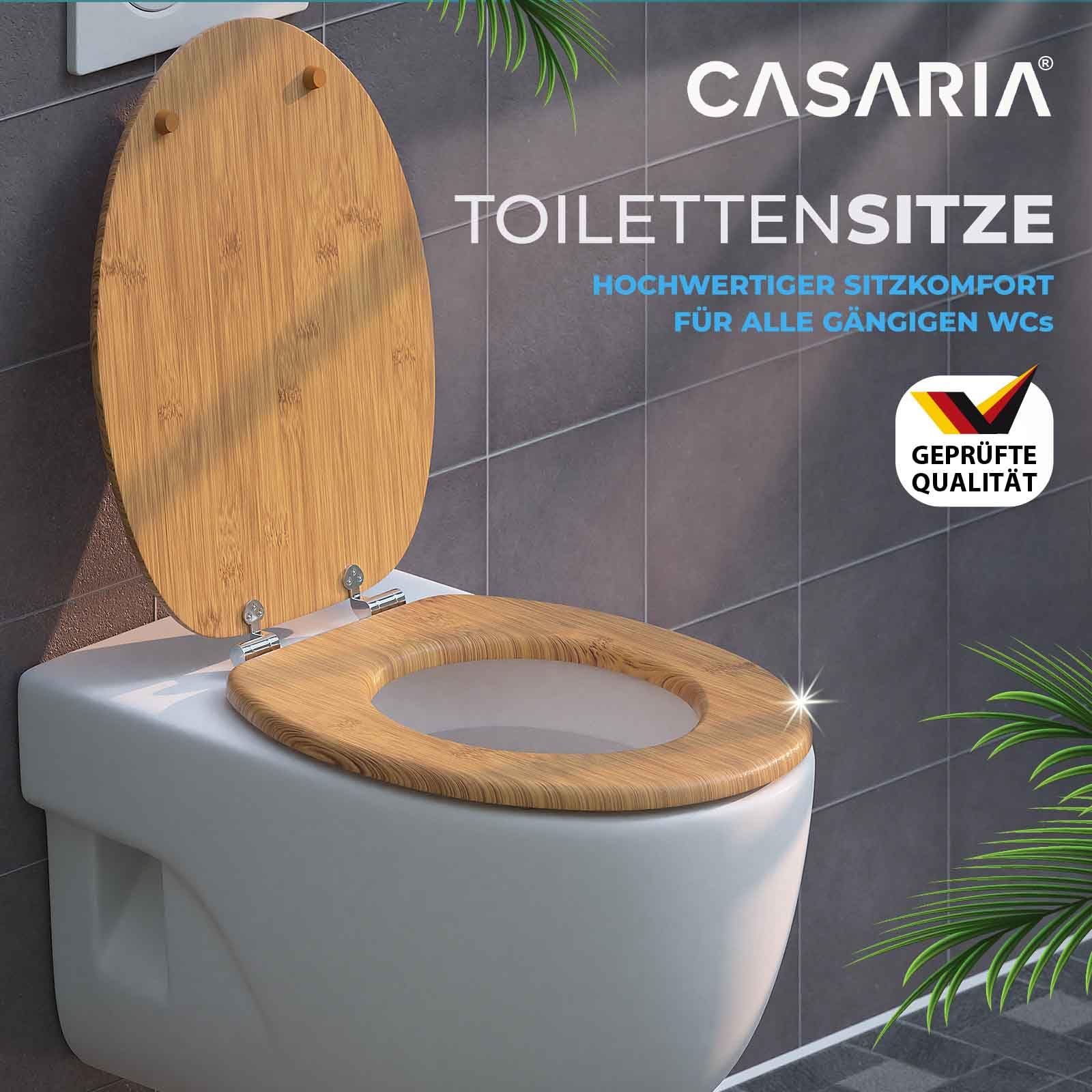 CASARIA® Toilettendeckel mit doppelter Absenkautomatik MDF rostfreie Metall Scharniere WC Sitz 175kg Belastbar Antibakteriell Toilettensitz Bambus
