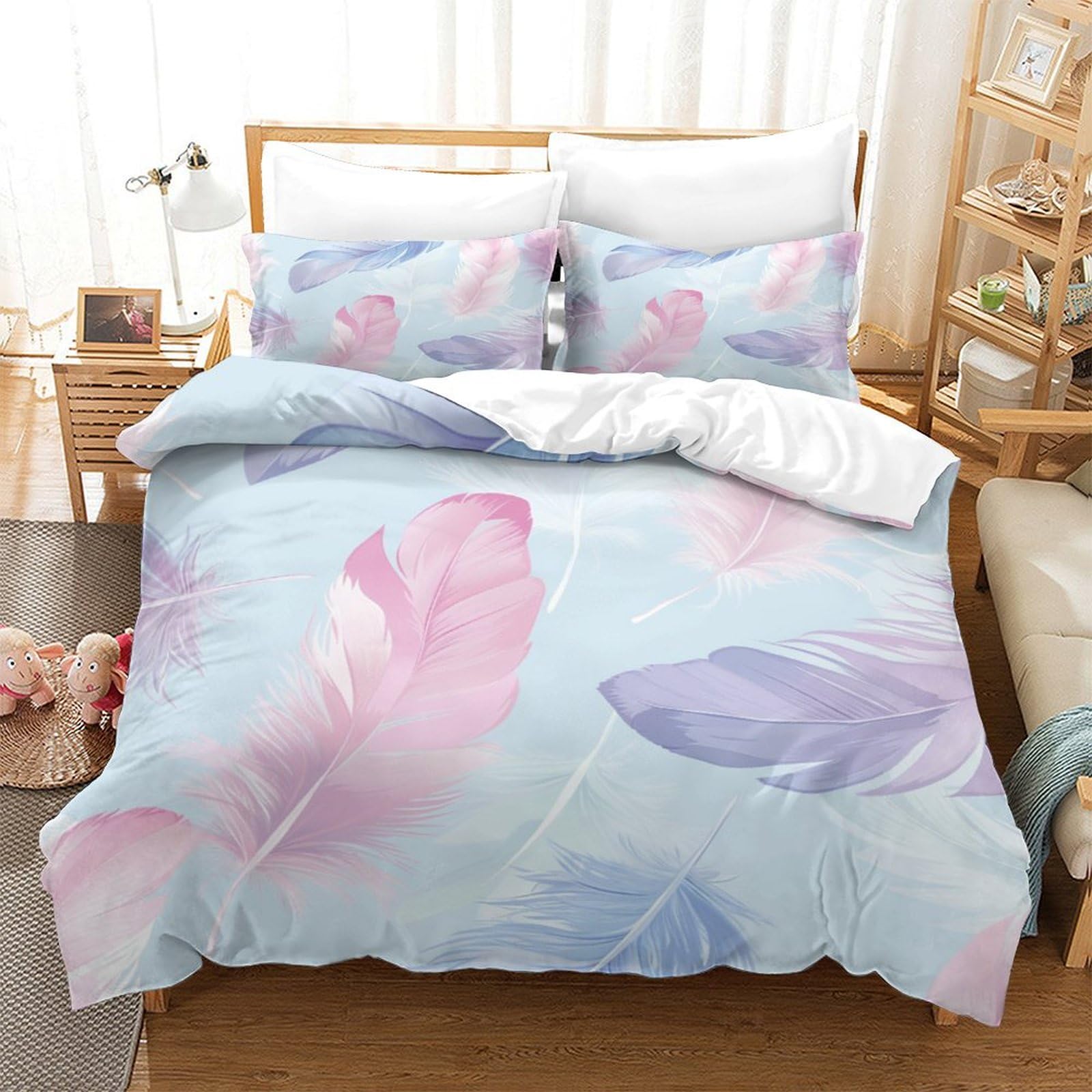 P1S9U7W5Y Pastel Feather 3D Printed Duvet Cover Set 3pcs Microfiber Feather Pattern Bedding Set King（220x240cm）