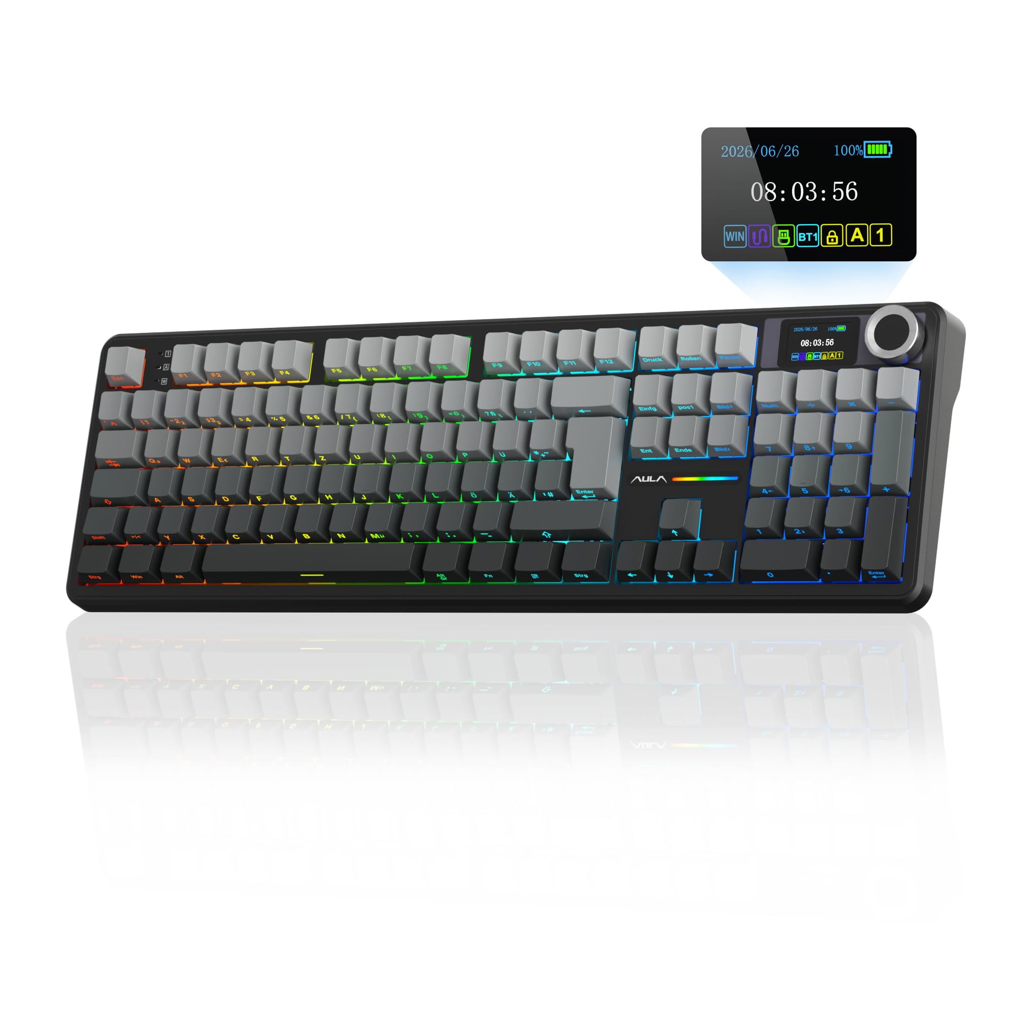 AULA F108 Pro Mechanische Tastatur QWERTZ,3-Modus(Kabel/2,4G/Bluetooth),Gasket-Struktur,Hot-Swap-fähig,LCD-Display & Drehknopf,RGB,8000mAh,100% deutsches Vollformat-für PC,Mac&Tablet (Grau)