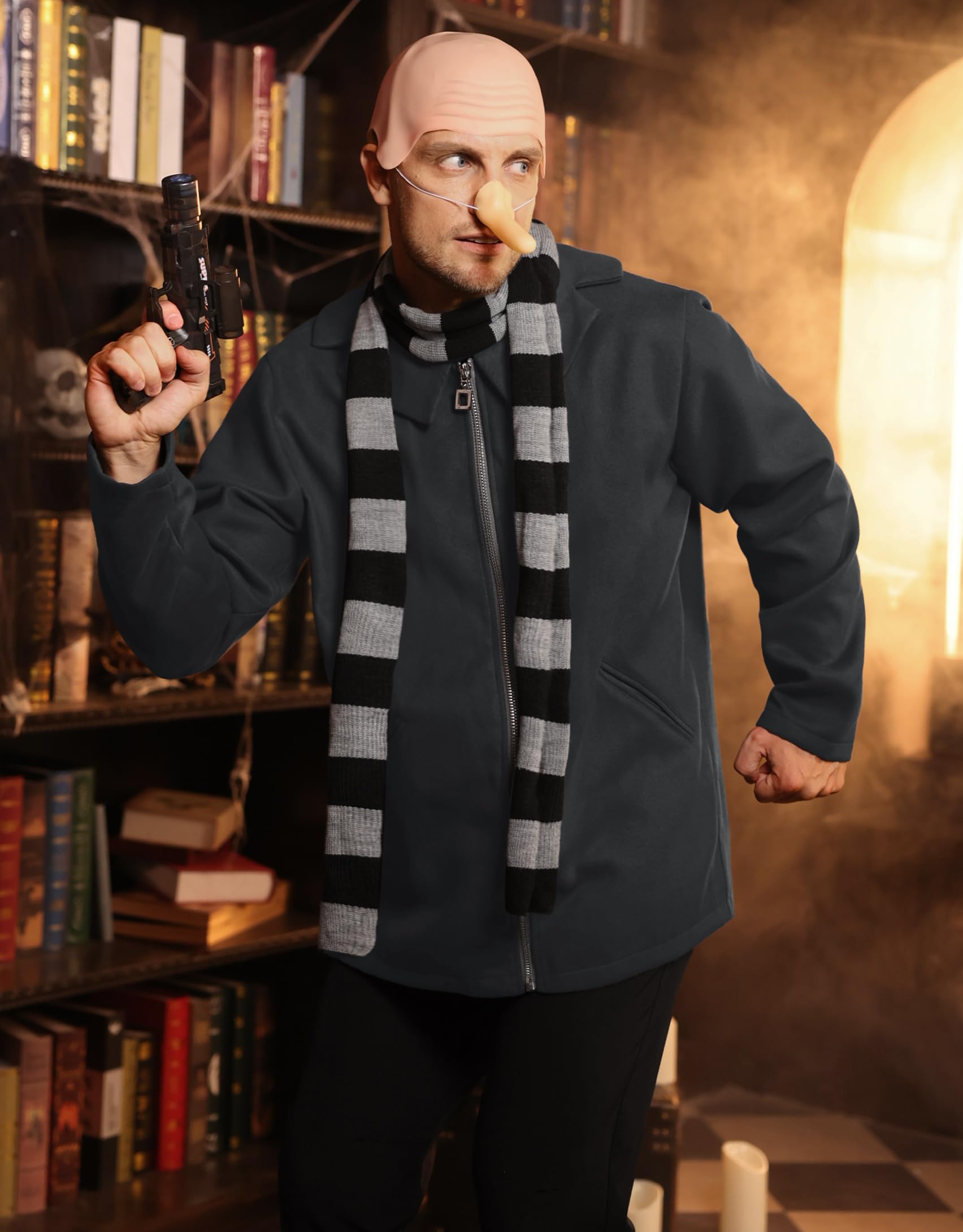 ERECT PEAK Men's Adult Costume 5 Piece Set Halloween Party Cosplay Funny Outfit Grey Coat With Striped Scarf Hairnet Headgear Fake Nose Accessories Comic Con Dress up Black and Gray XXXL - Image 4