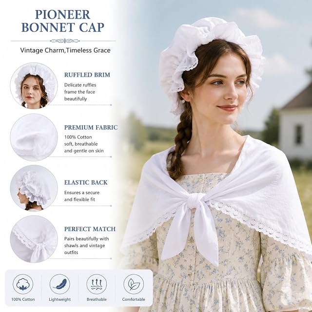 Foto 2 de 2 de GRACEART Sombrero de campesino Amish Prairie Cap para mujeres y niñas, estilo colonial pionero, 100% algodón