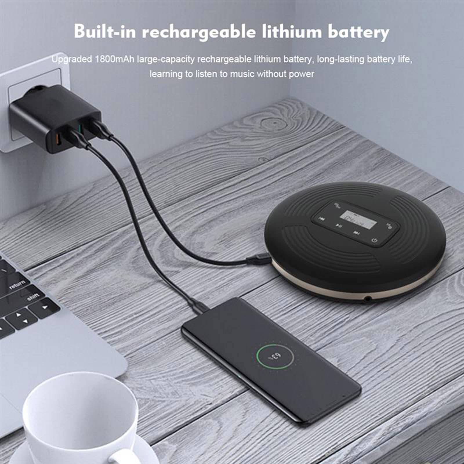 Lecteur CD Portable Walkman - Bluetooth - Antichoc - Batteries 1800 mAh - Casque - Câble de Charge USB - FM Function