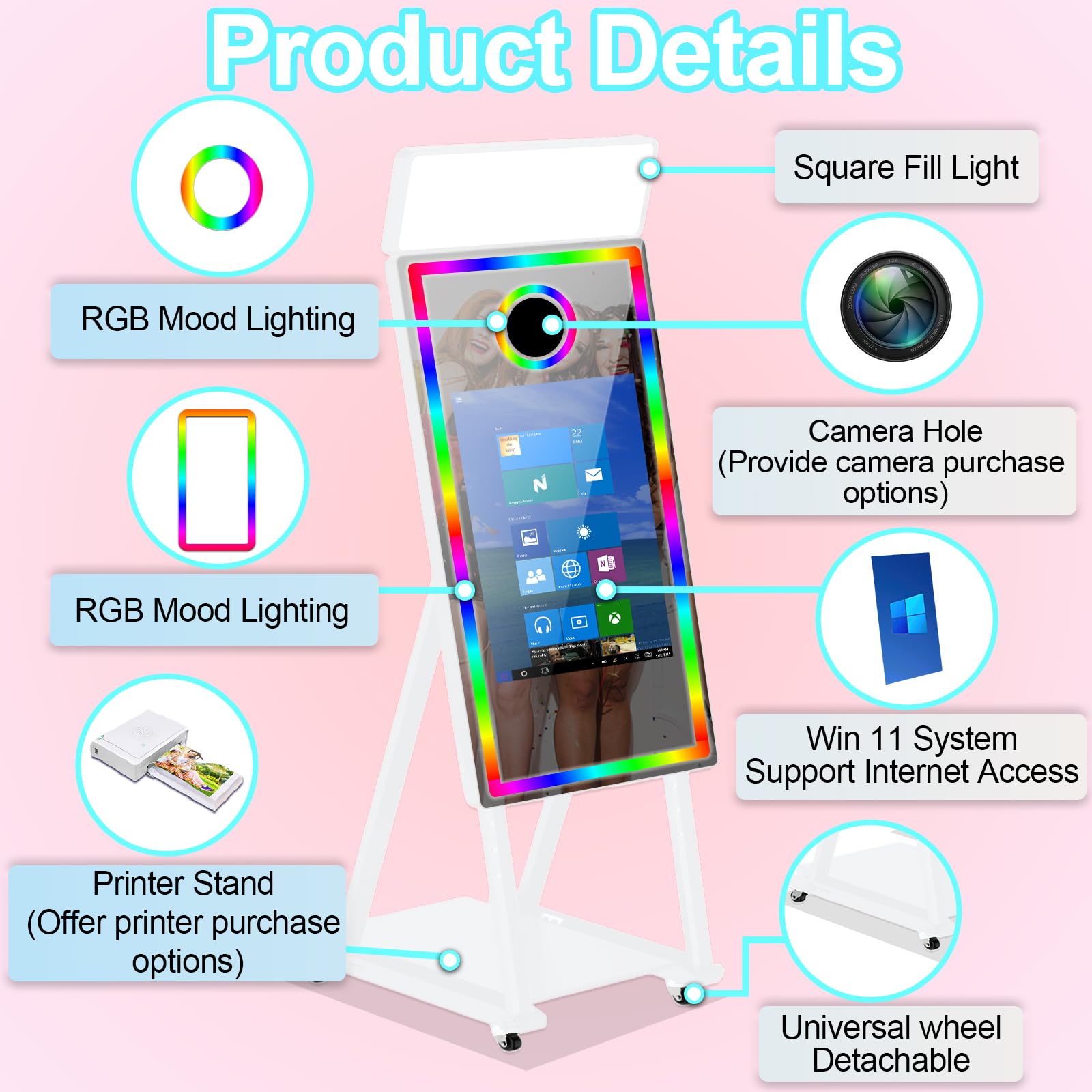 Macchina fotografica a specchio da 101,6 cm con touch screen interattivo da 21,5", con custodia da viaggio, mini PC integrato con stampa istantanea e condivisione per Natale, matrimoni, eventi, feste