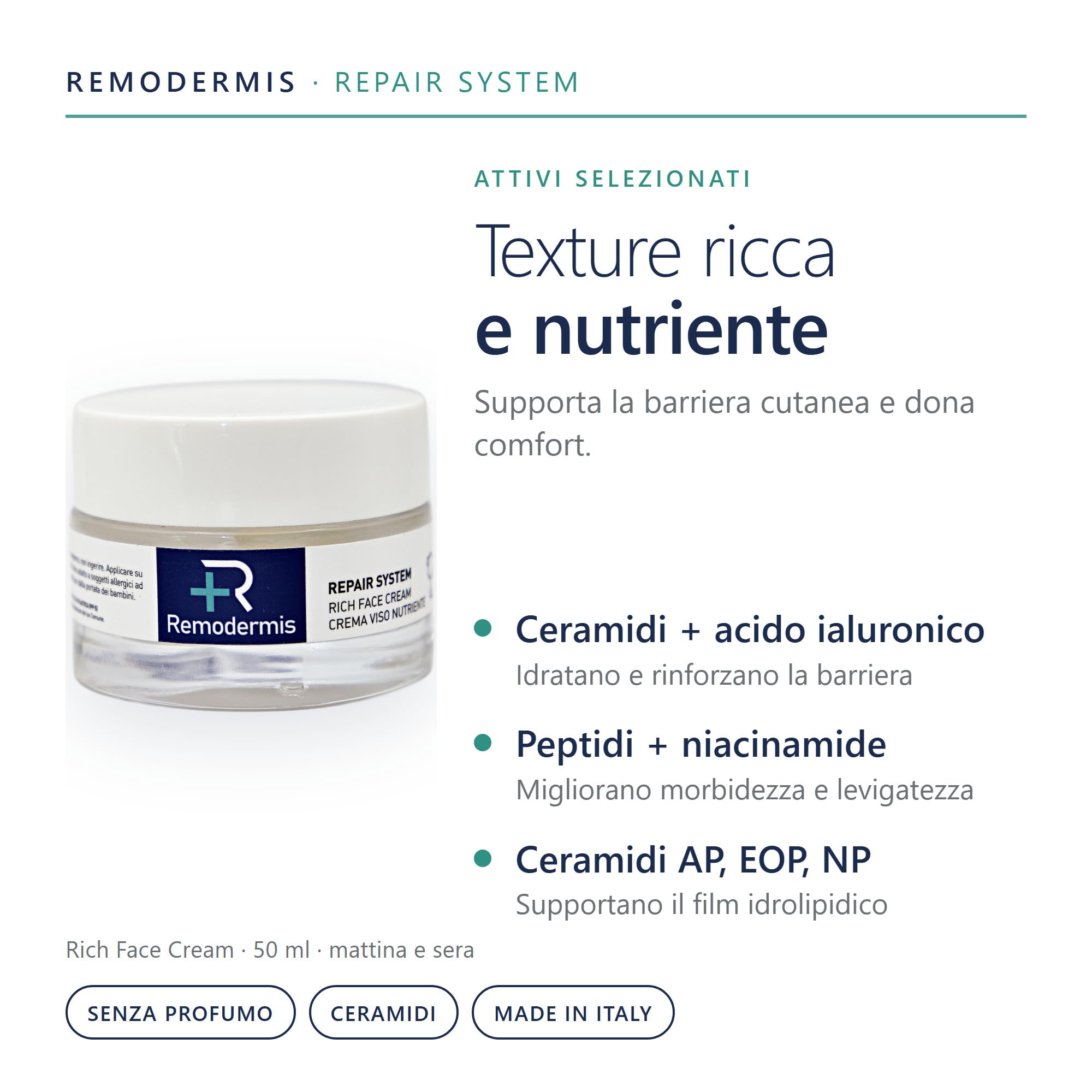 Repair System Rich Face Cream - Crema Viso Nutriente, 50 ml | Ceramidi, Acido Ialuronico, Peptidi Biomimetici, Niacinamide