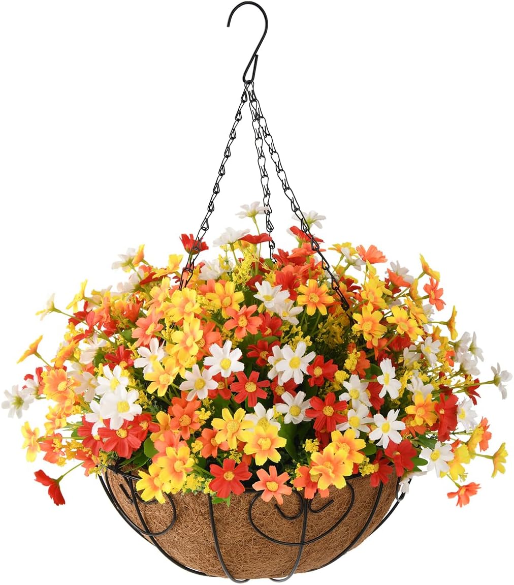 Homsunny Artificial Hanging Flowers in Basket Outdoor Indoor Patio Lawn Garden Decor
