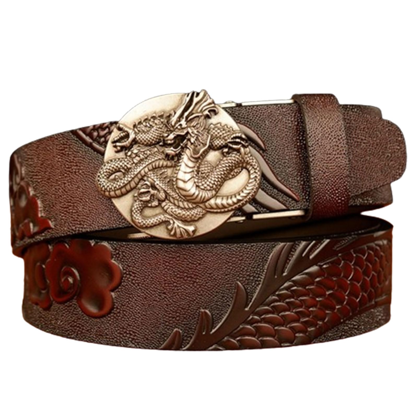 BDAYEK Men's Belt Men'S Belt Embossed Dragon Ratchet Dress With Automatic Buckle Cowhide Leather 35Mm Wide(Coffee,125Cm/49)