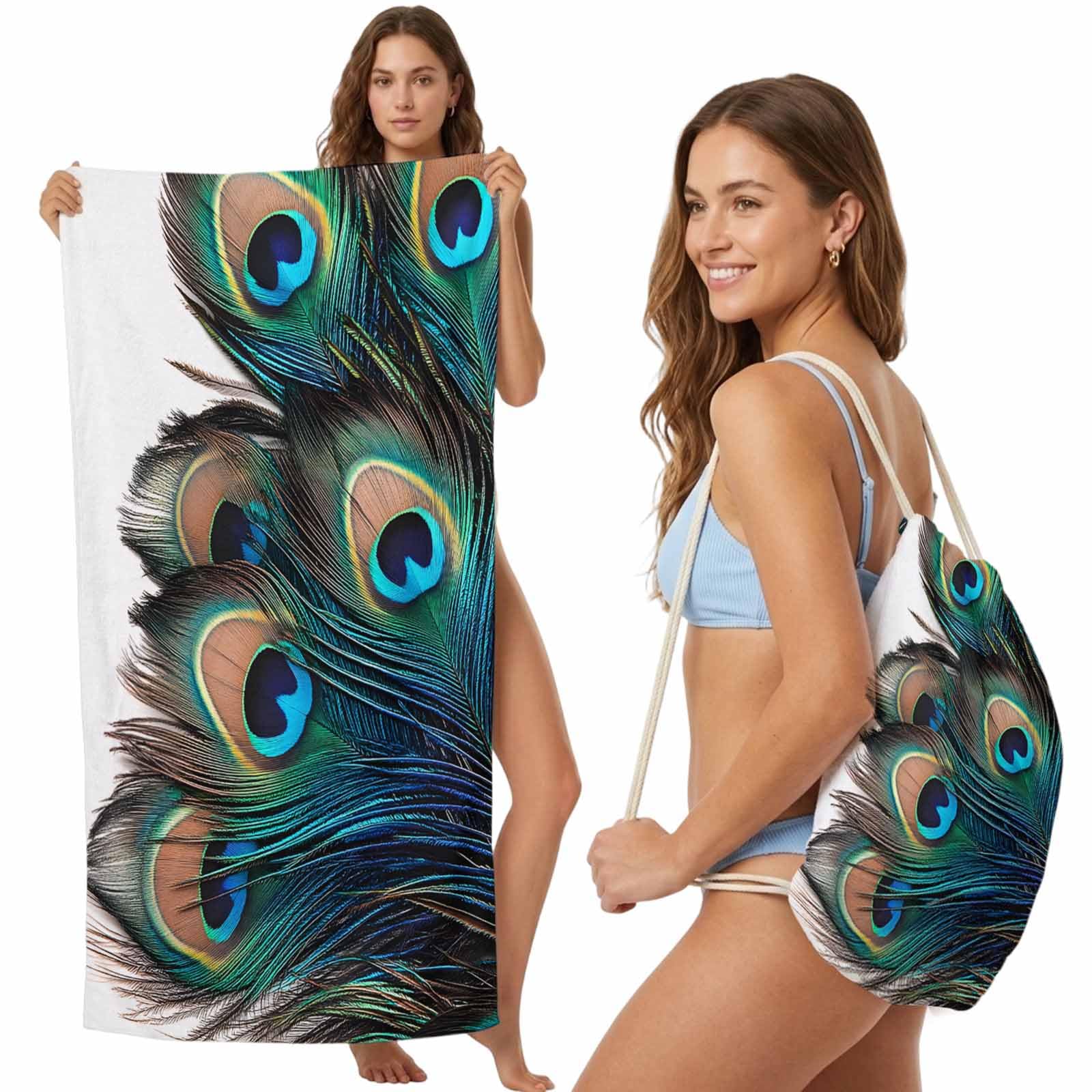 FWJZDSP Beach Towel Backpack Convertible Peacock Feathers Sand Free Quick Dry Towel Bag Modern Art Beach Towel with Adjustable Straps for Travel Swimming Pool Beach Accessories 31.5x63in