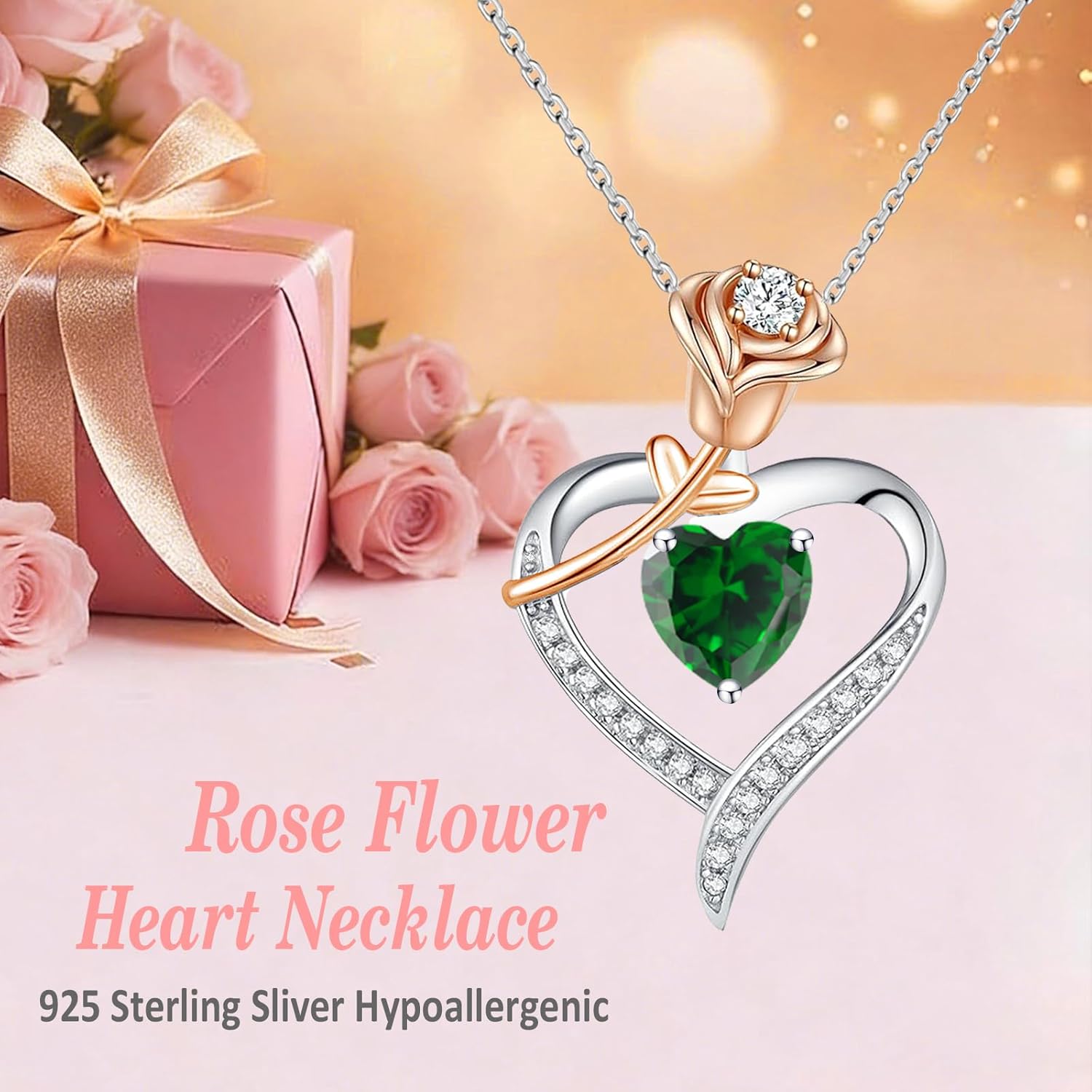 immobird Rose Gold Heart Necklace Birthstone Jewelry Sterling Silver Jewelry Plated White Gold Valentine's Day Gift Women for Wife Mom Necklace for Women - Image 5