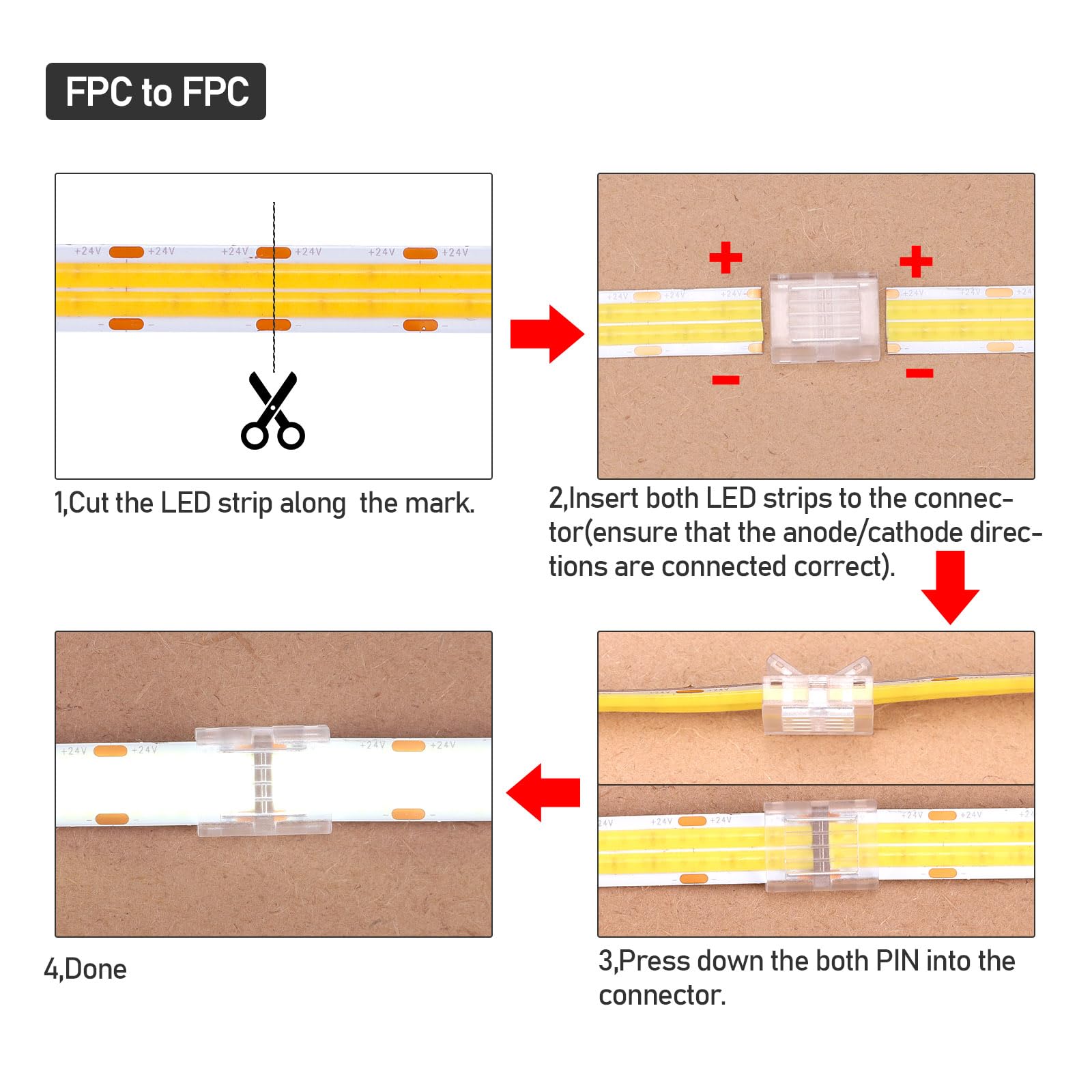 GOMING 12mm Double Row COB LED Strip Connector Kit 8Pcs Strip to Wire Transparent Gapless Connectors 2Pcs Strip to Strip Connectors 4Pcs 10cm Extension Wires for Double Row COB LED Strip - Image 4