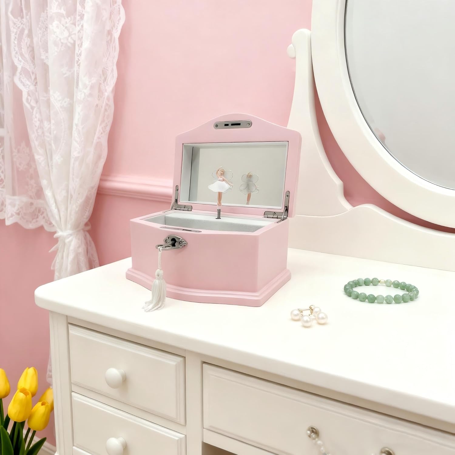 Ballerina Musical Jewelry Box with Mirror Lock for Girls Wooden Jewelry Storage Music Chest Perfect Gifts for Kids,Great gifts for Christmas and all Holidays (Pink-M)