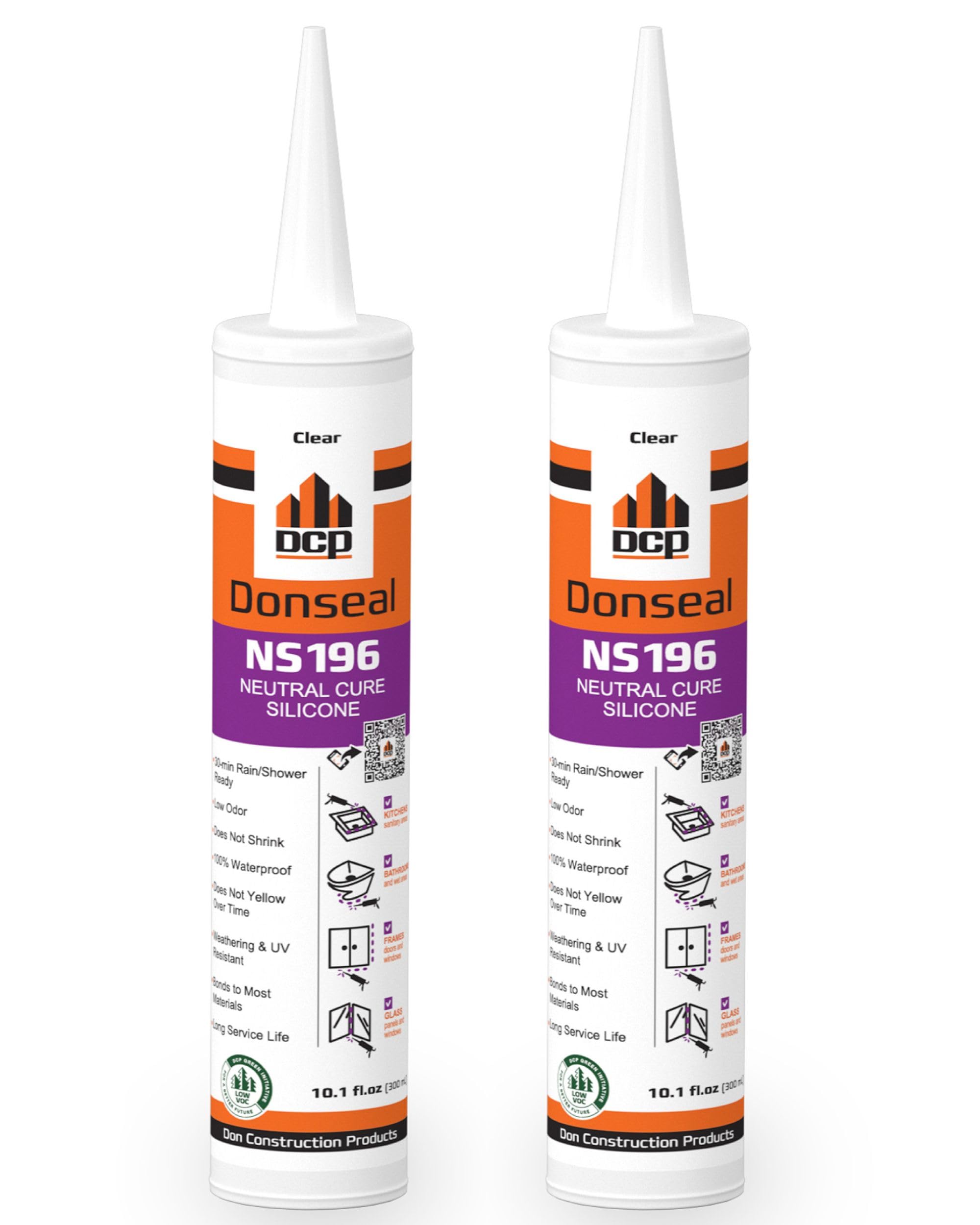 DCP Donseal NS196 Silicone Caulk Sealant 2 Pack – 100% Silicone Tube for Bathroom, Kitchen, Outdoor, Bathtub and Window Seal, 10.1 fl oz – Clear