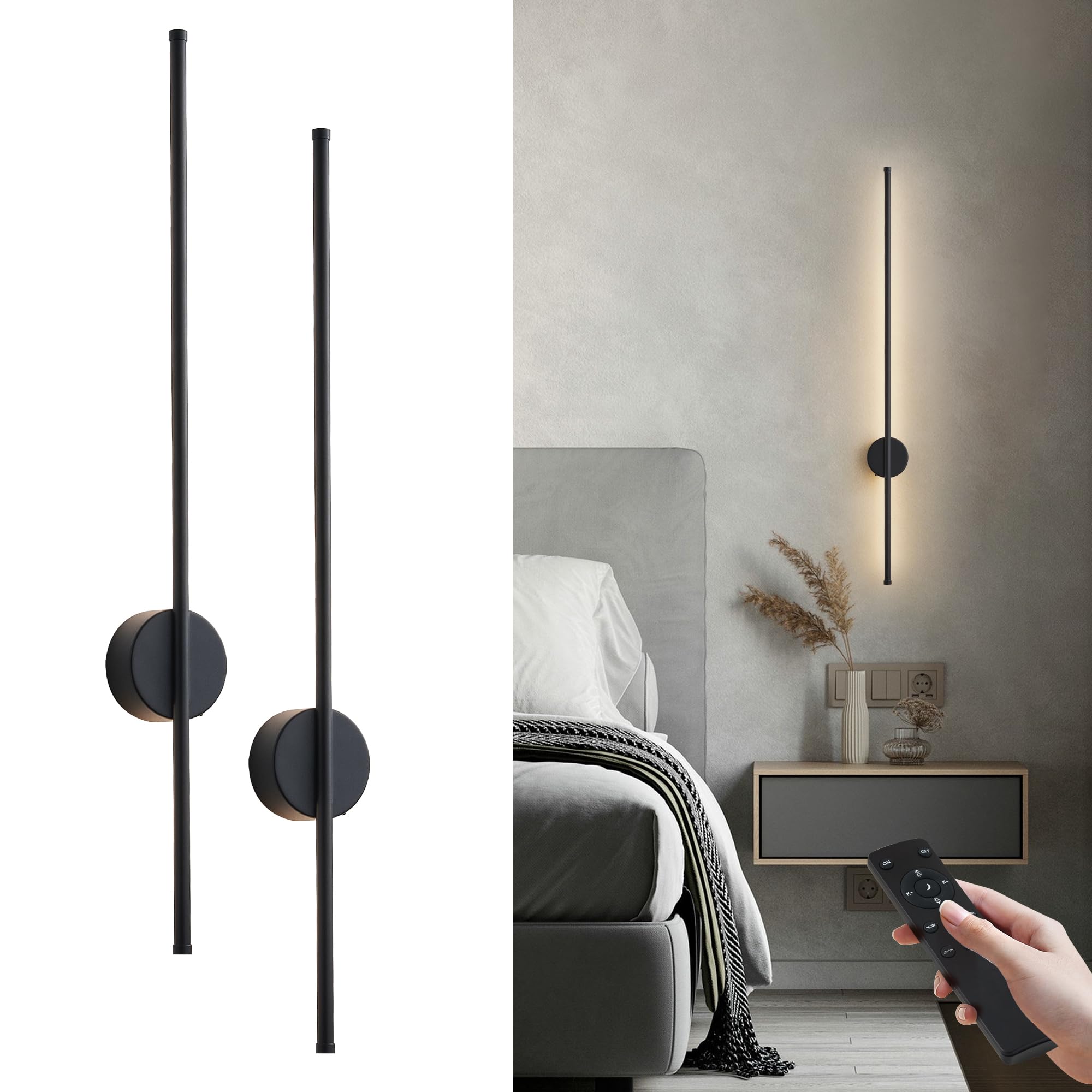 KARTOOSH Battery Operated Modern Wall Sconce Set of Two, 39.3 Inch Black