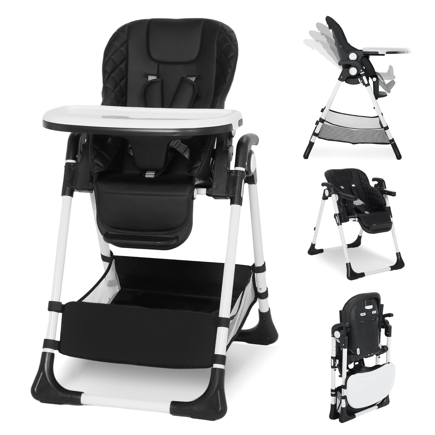 Kinder King Convertible Baby High Chair, Adjustable Feeding Chair for Babies and Toddlers with Removable Double Tray, Simple Compact Fold for Space-Saving, 2 Built-in Wheels, Easy to Clean, Black