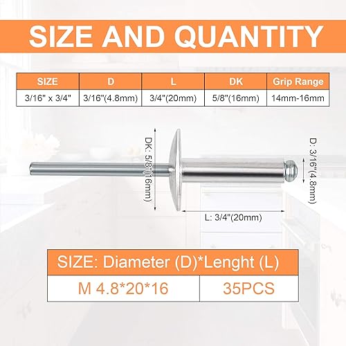 Miniatura 2 de PAGOW 35 remaches ciegos de aluminio con brida de 316 x 34 pulgadas (4.8 x 20 x 16), grandes remaches autoenchufables de extremo abierto, remaches