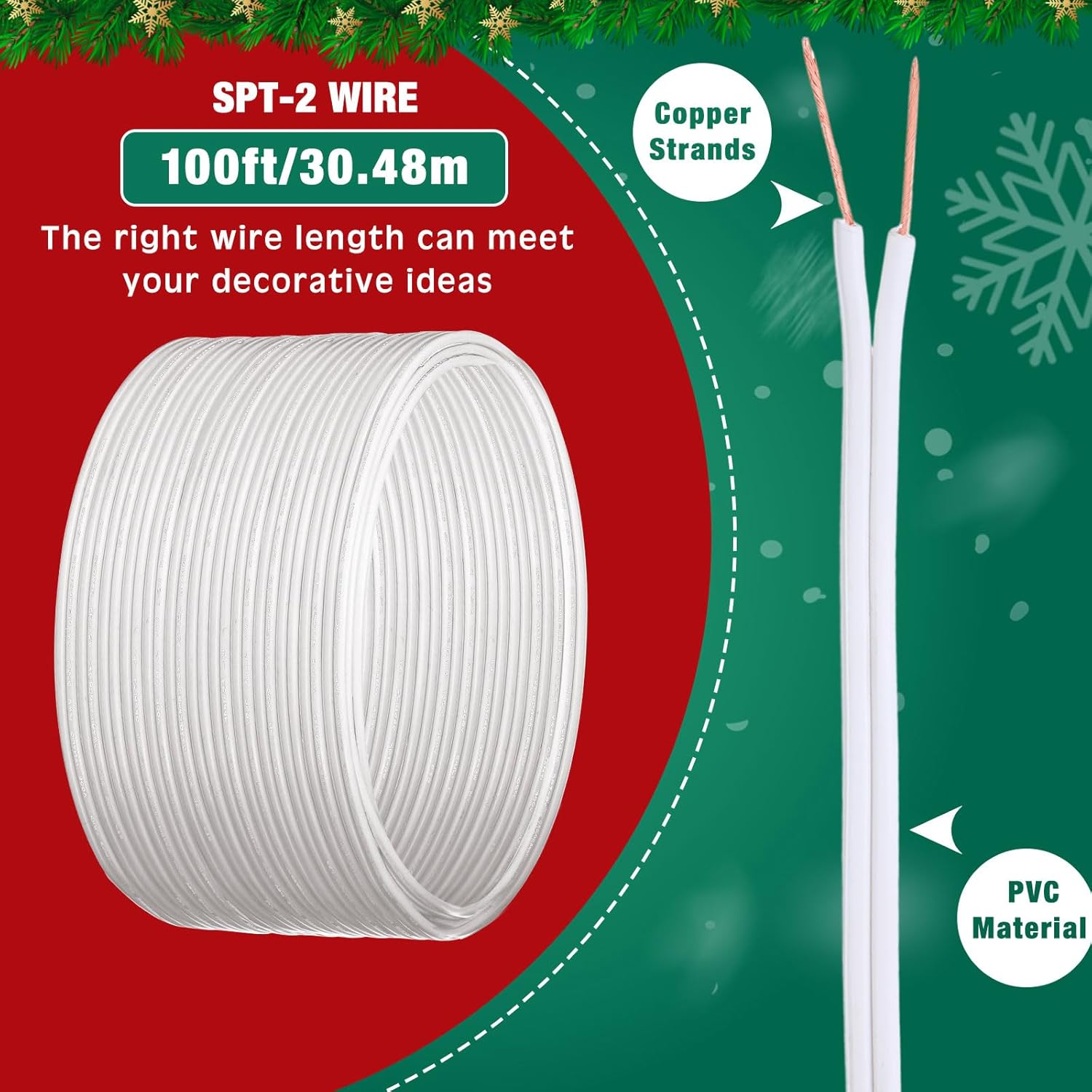 117 Pcs SPT-2 Electrical Wire 18 AWG 2-Conductor Extension Wire Zip Cord with Plugs and Light Clips for Christmas Indoor Outdoor Lighting Accessories (100ft,White)