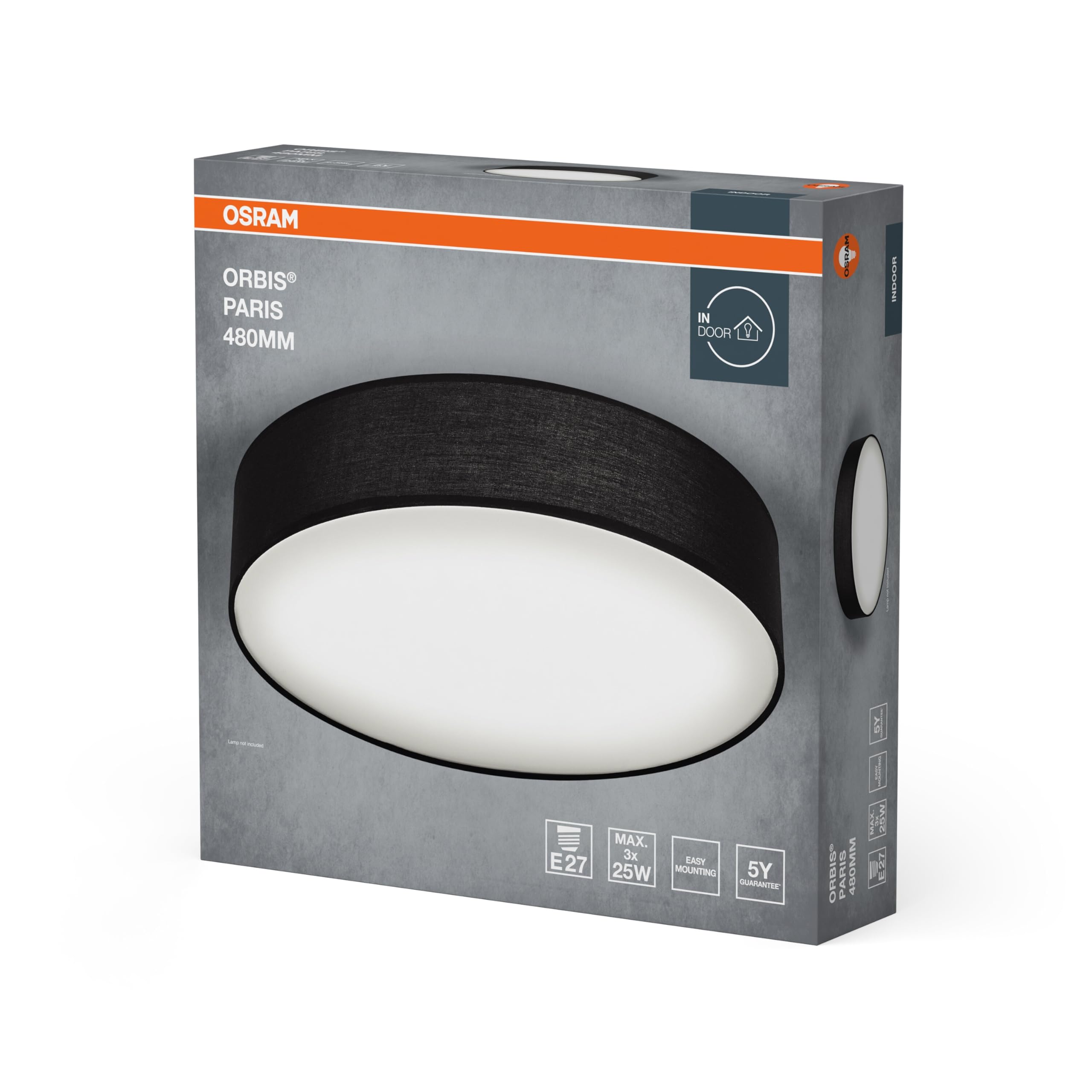 OSRAM Lampa sufitowa ORBIS PARIS 480mm, czarna, trzonek 3XE27, możliwość wyposażenia w inteligentną lampę, nowoczesny design, z tekstylnym kloszem, odpowiednia do wnętrz, okrągła, stopień ochrony IP20