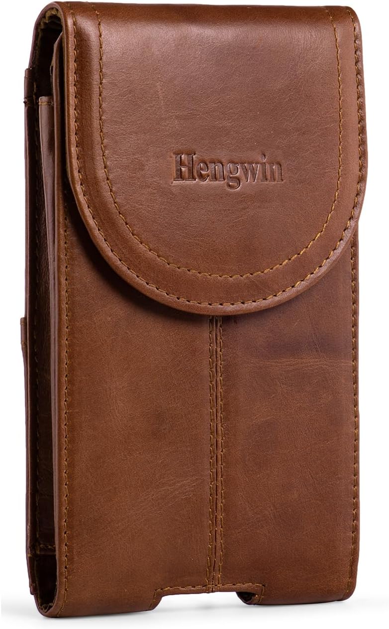 Hengwin Genuine Leather Cell Phone Holster Fits for iPhone 17 16 15 14 13 Pro Samsung Galaxy S25 S24 S23 Magnetic Closure Smartphone Holder Case with Belt Clip Phone Pouch (Brown)