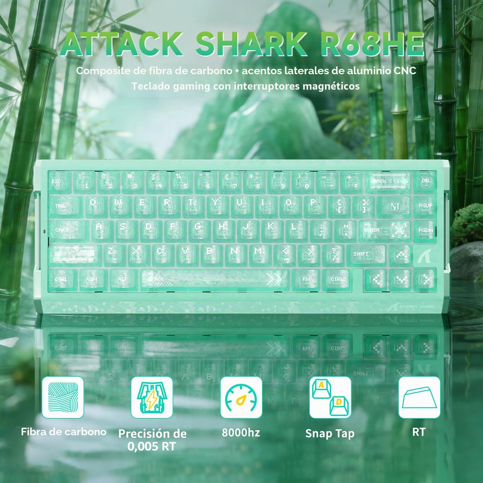 MAMBASNAKE Attack Shark R68 HE Teclado Rapid Trigger Fibra de Carbono, Cableado 8KHz Magnético, Precisión RT 0,005mm, Teclas Carbono Forjado, Amortiguación Acústica 6 Niveles, Dual Driver, Verde