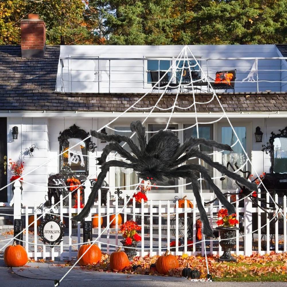 Ragnatela di Halloween da 508 cm + decorazioni di ragno gigante da 124,5 cm, ragno finto nero con enorme ragnatela triangolare per interni ed esterni, decorazioni di Halloween, cortile, giardino,