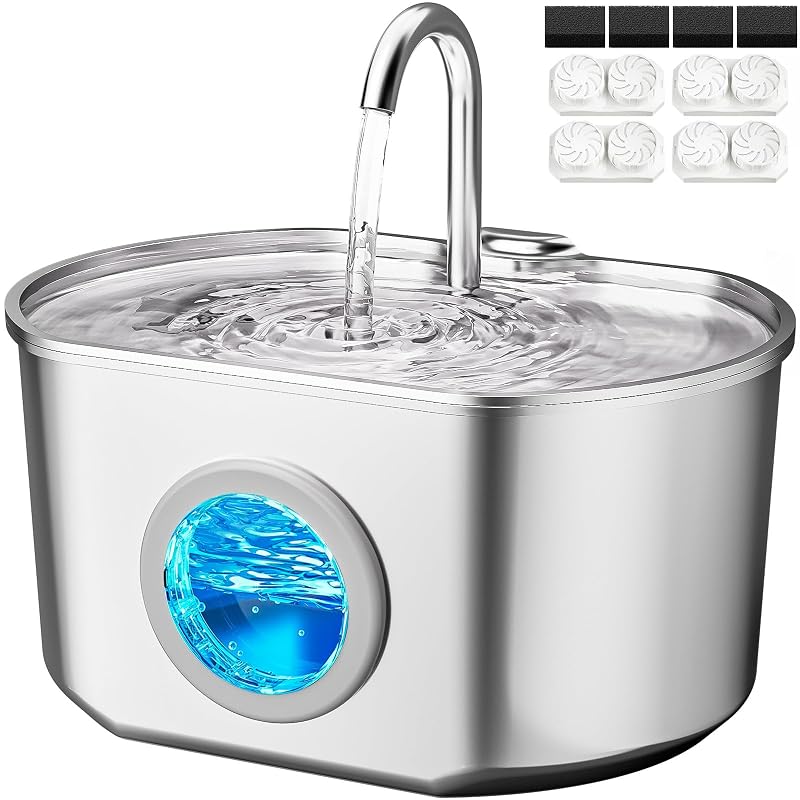 Fonte para gatos em aço inoxidável Neareal com filtro e bomba 5 V, 2,2 L, pacote com 4 filtros e 4 esponjas