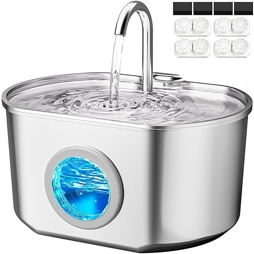Cat Water Fountain Stainless Steel: 74oz/2.2L Cat Fountain for Drinking- Pet Water Fountain Inside - Automatic Dog Watering Dispenser Bowl - Pet Feeding & Watering Supplies (4 Filters) - 74oz Fountain + 4 Filters + 4 Sponges