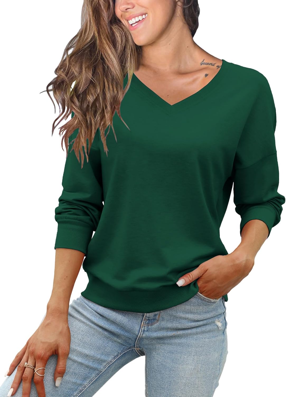 FMEYOA Women's Long Sleeve Sweatshirts No Hood Casual V Neck Lightweight Trendy Fall Spring Basic Pullover Tops