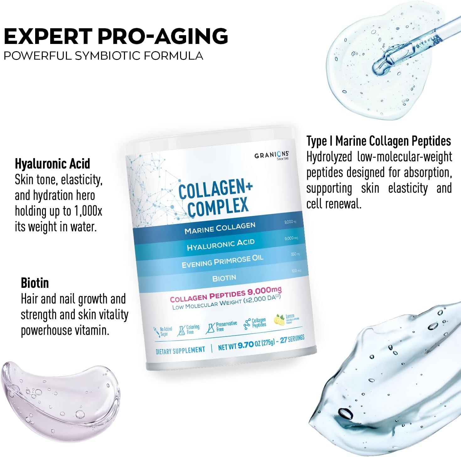 Granions Biotin Keratin Collagen Complex and Marine Collagen Lemon Powder Hair Growth and Beauty Bundle