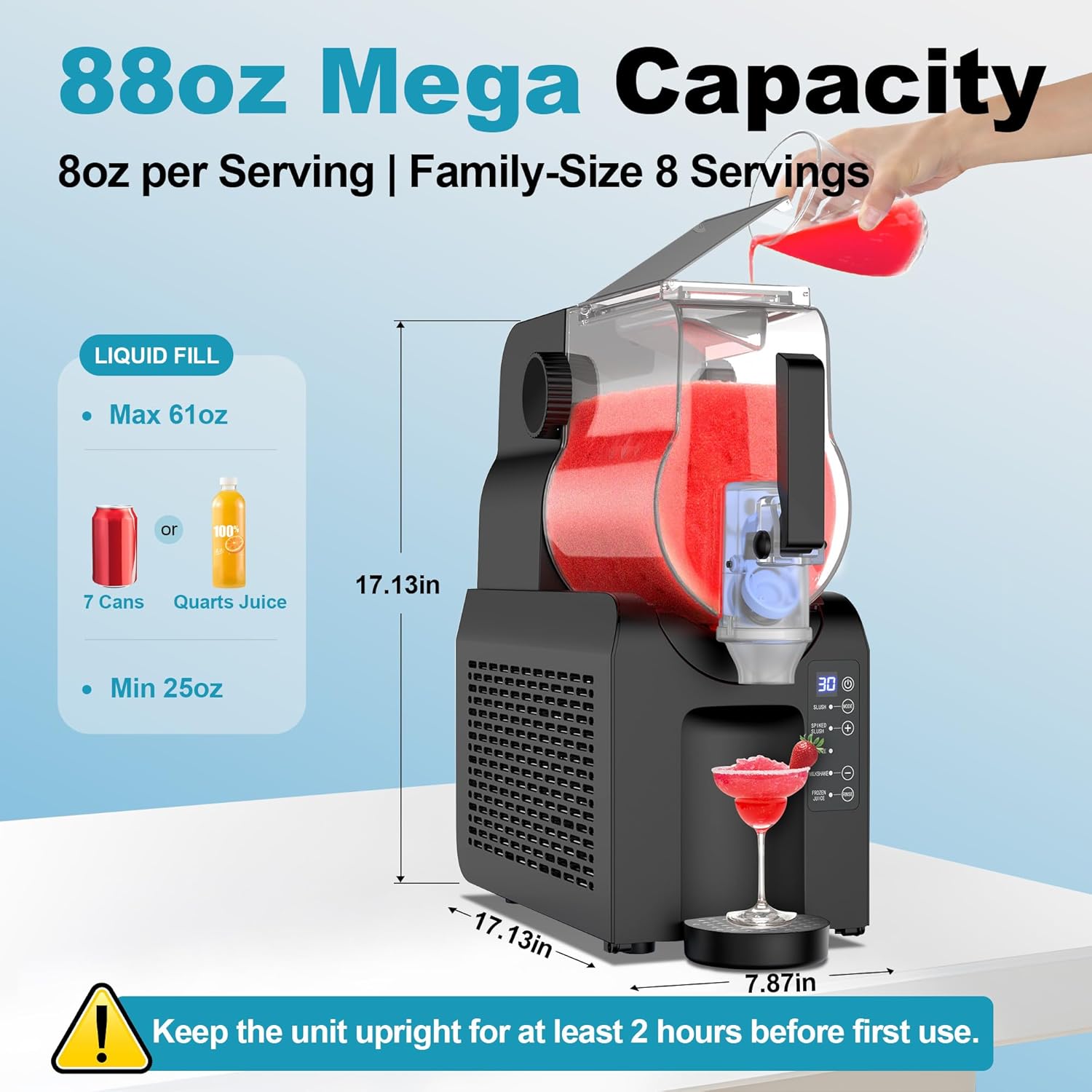 Velieta Slushy Maker Machine with dimensions and upright instruction