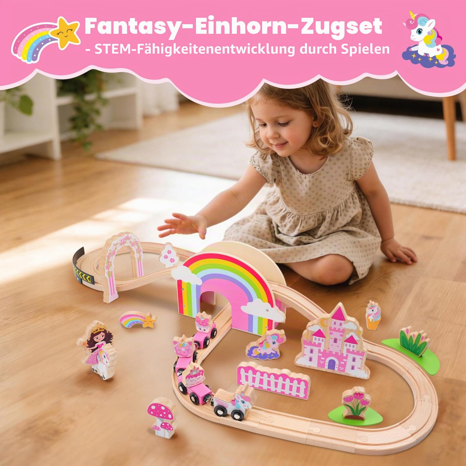 SIMPLIPLAY Holzeisenbahnset – 43-teiliges magnetisches Einhorn-Spielzeugzugset mit Holzeisenbahnschienen und Brücke für Mädchen und Kleinkinder, Geburtstag oder zu Weihnachten