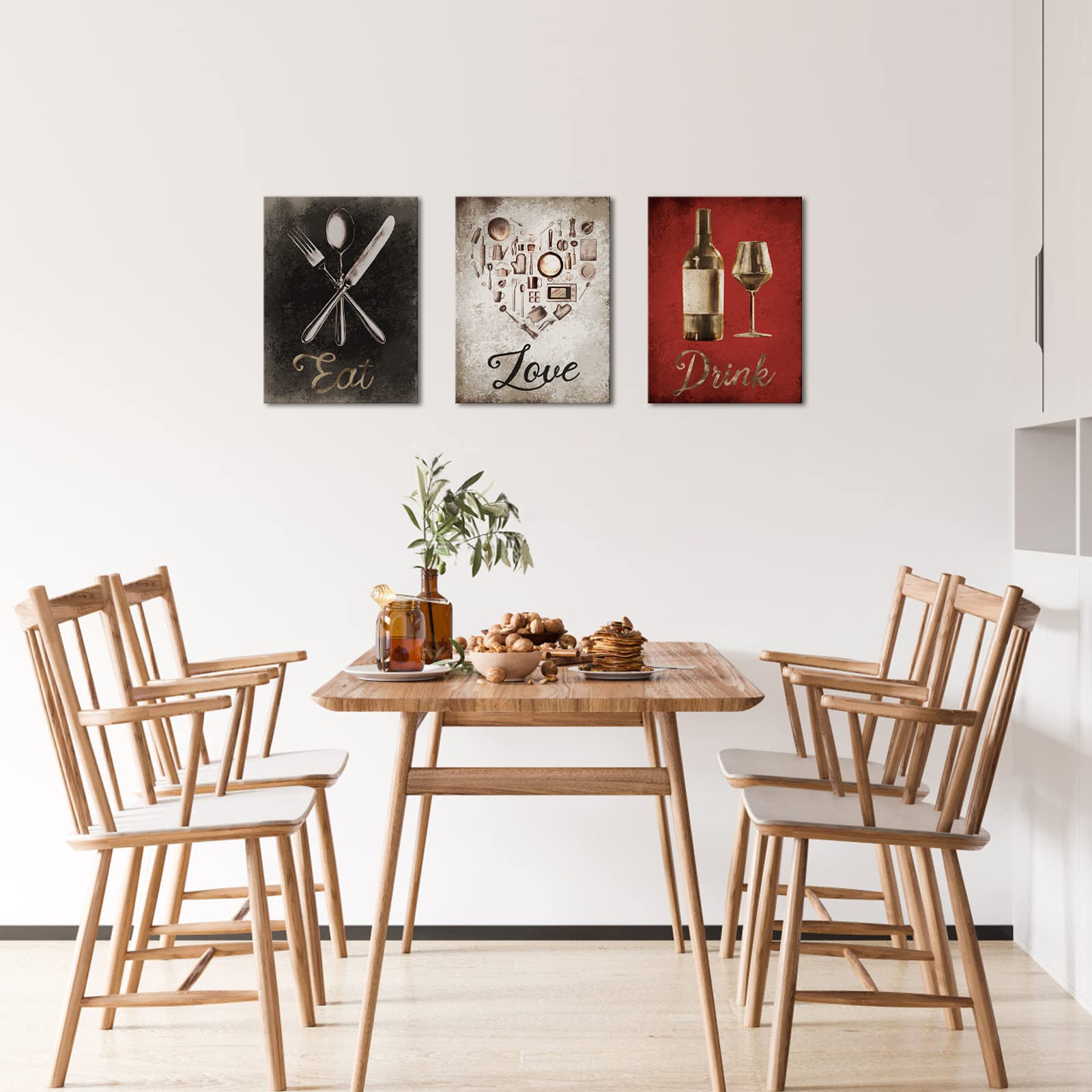 VANSEEING Kitchen Wall Art Eat Drink Love Wall Decor Canvas Fork Knife Pictures Vintage Black and Red Painting Artwork Prints for Dining Room Restaurant Home Decor 12x16inchx3pcs