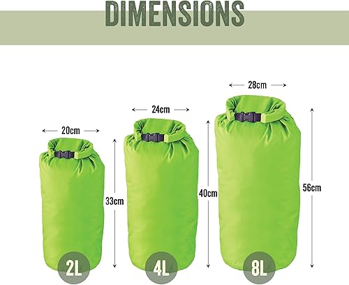 Miniatura 3 de Milestone Camping Bolsas secas impermeables, bolsa individual o juego de 3, se enrollan de cerca, diseño verde brillante o naranja fácil de