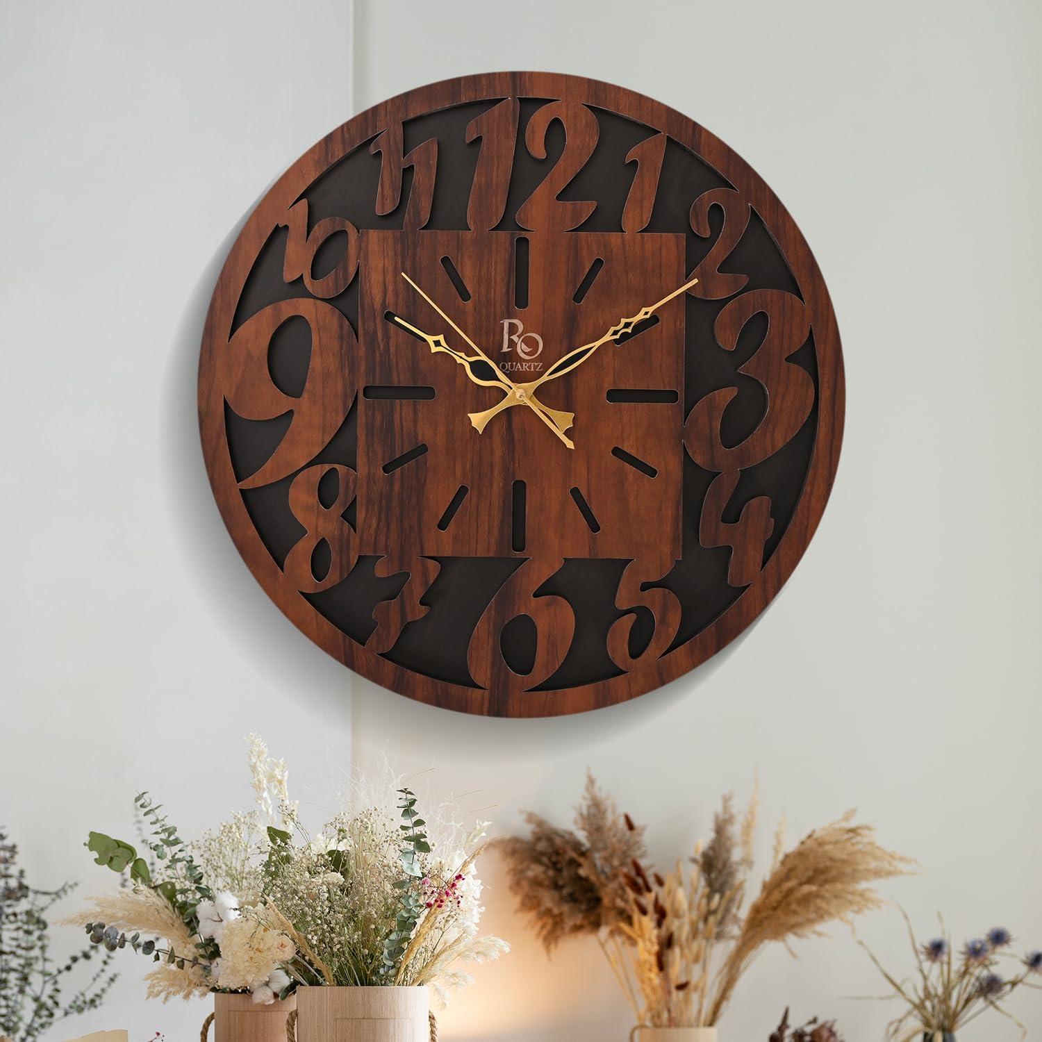 Engineered Wood Round Shape Roman Dial Wall Clock with Silent Quartz Movement | Decorative Wooden Anti Reflection Analog Vintage Clock for Office and Home (Ivory, 15.5 Inch)